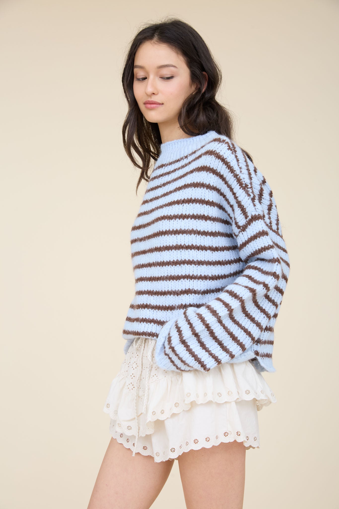 STRIPE ROLLED EDGE DETAIL LONG SLEEVE KNIT SWEATER (PRE-ORDER)