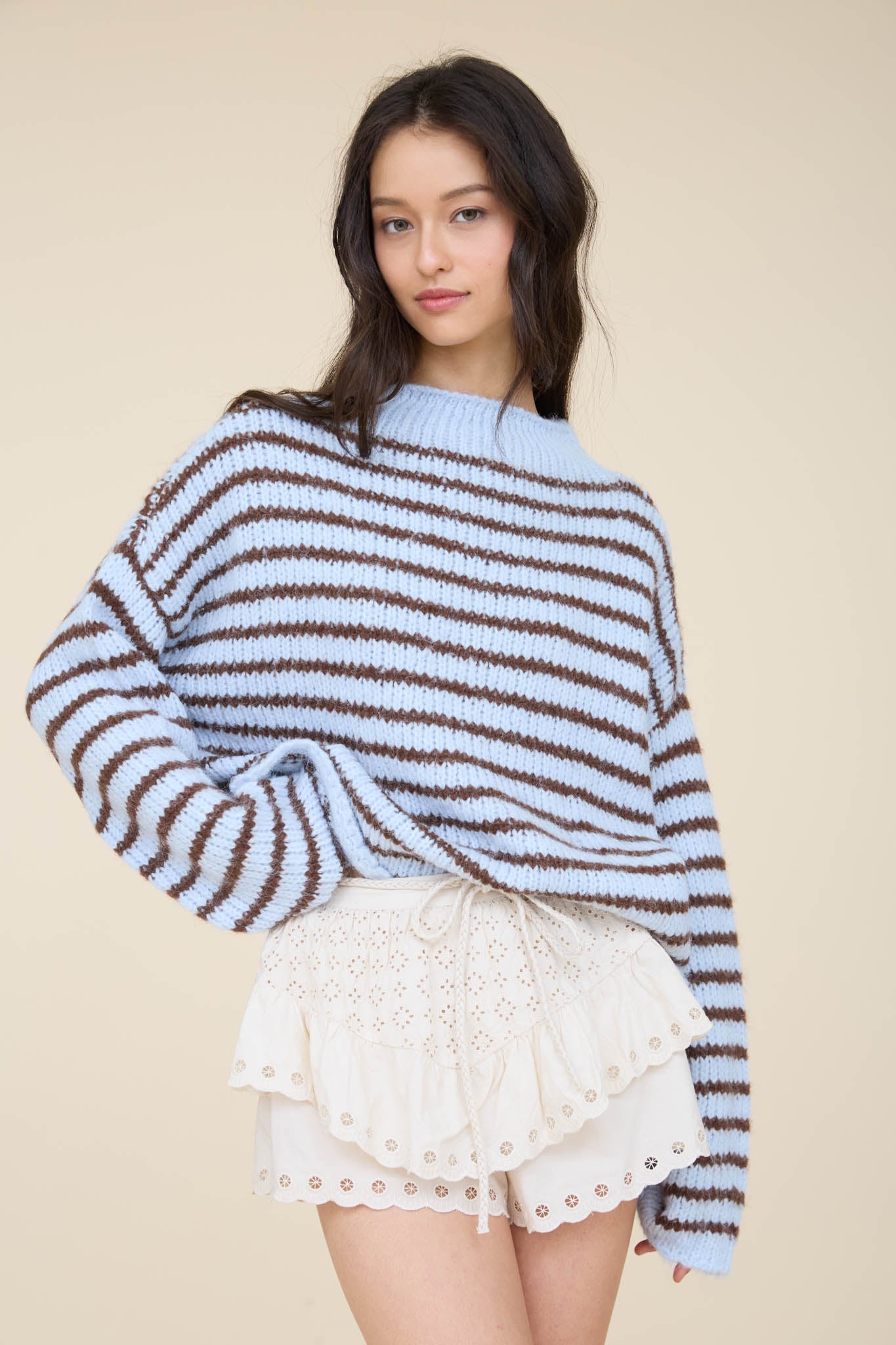 STRIPE ROLLED EDGE DETAIL LONG SLEEVE KNIT SWEATER (PRE-ORDER)