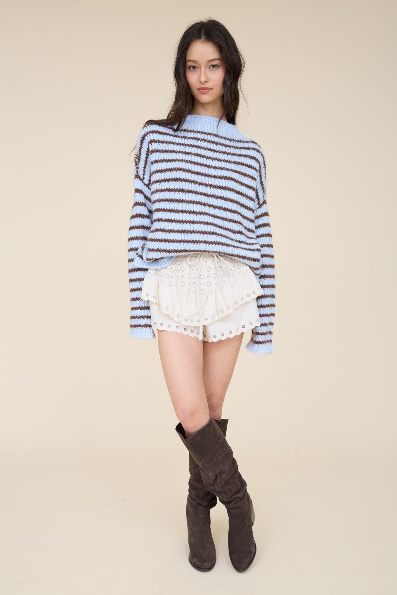 STRIPE ROLLED EDGE DETAIL LONG SLEEVE KNIT SWEATER (PRE-ORDER)