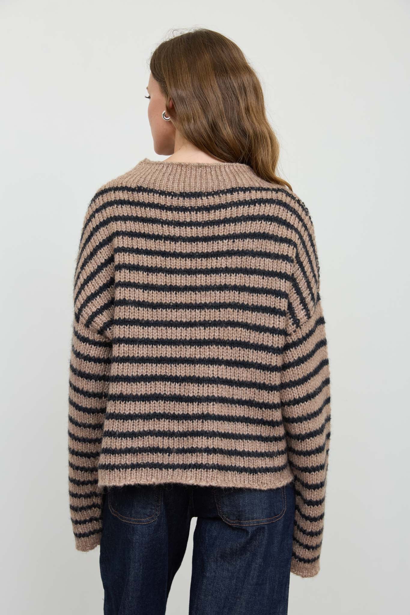 STRIPE ROLLED EDGE DETAIL LONG SLEEVE KNIT SWEATER (PRE-ORDER)