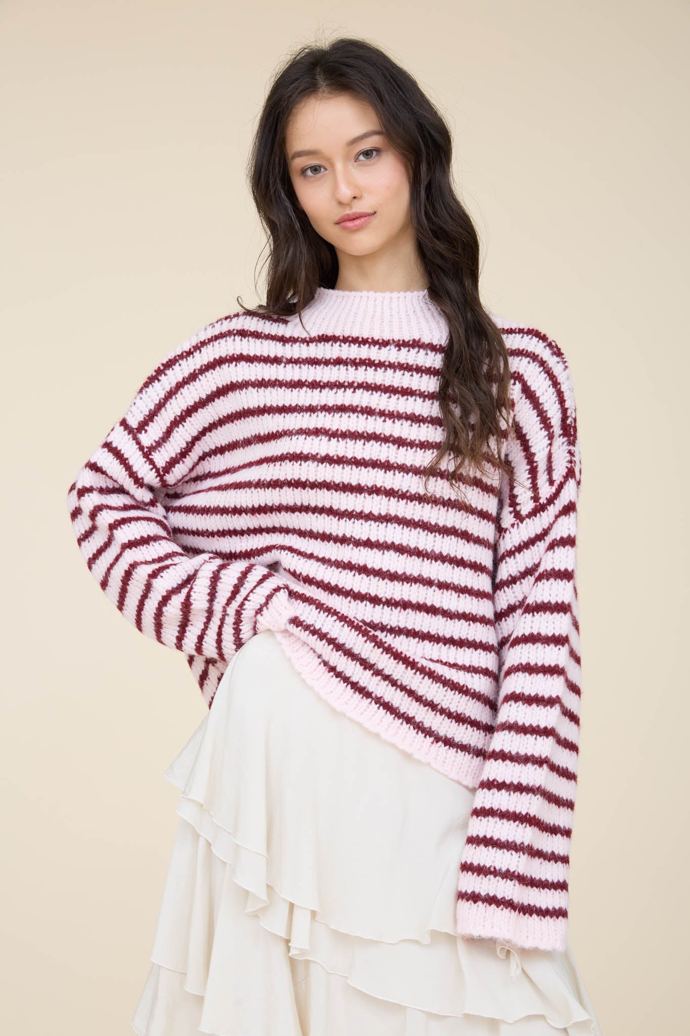 STRIPE ROLLED EDGE DETAIL LONG SLEEVE KNIT SWEATER (PRE-ORDER)