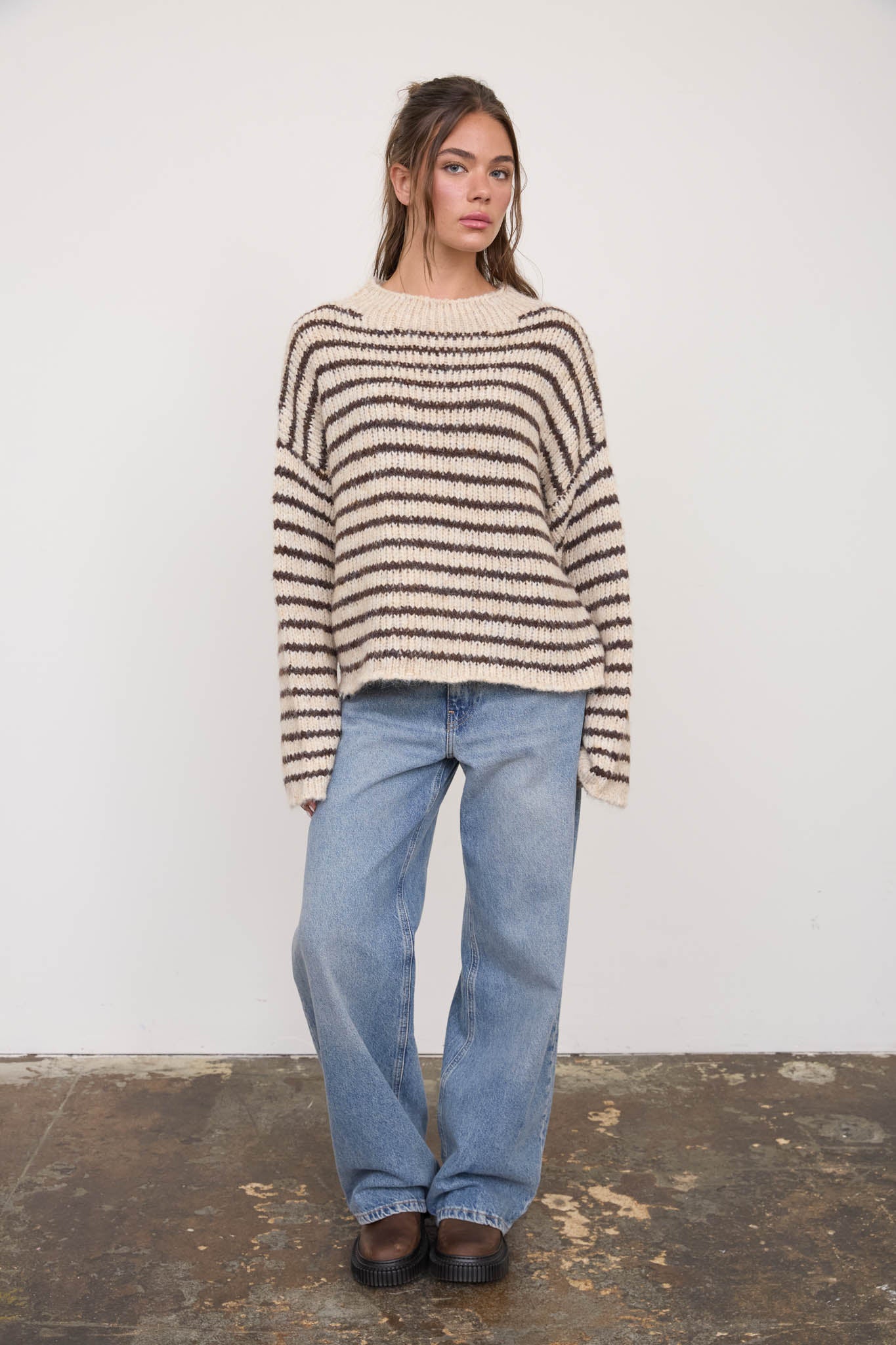 STRIPE ROLLED EDGE DETAIL LONG SLEEVE KNIT SWEATER (PRE-ORDER)