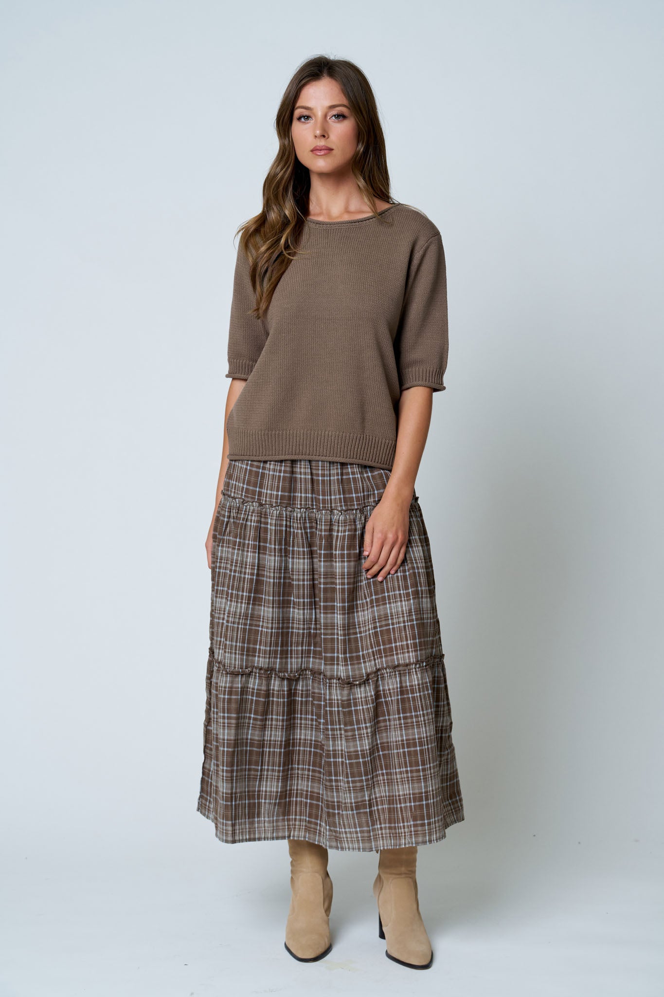 RAW EDGE HALF SLEEVE SWEATER KNIT TOP
