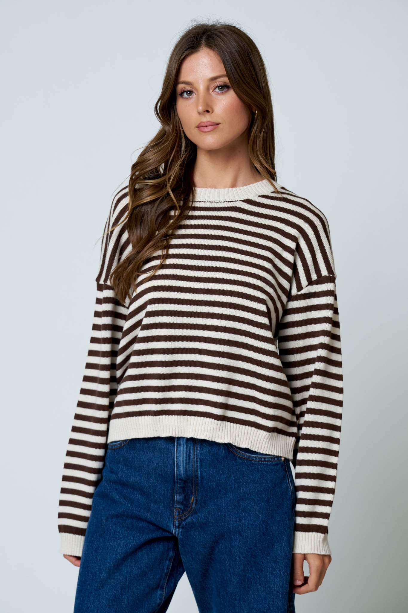 STRIPE RELAXED BACK BUTTON DETAIL KNIT SWEATER