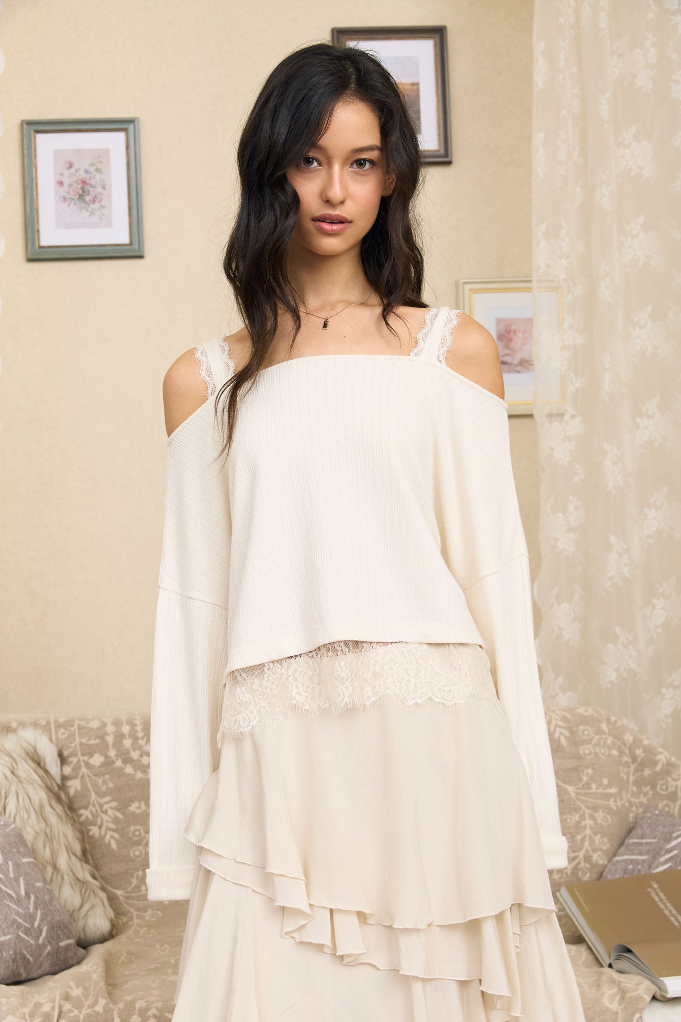 OFF-SHOULDER LAYERED LACE LONG SLEEVE KNIT TOP (PRE-ORDER)