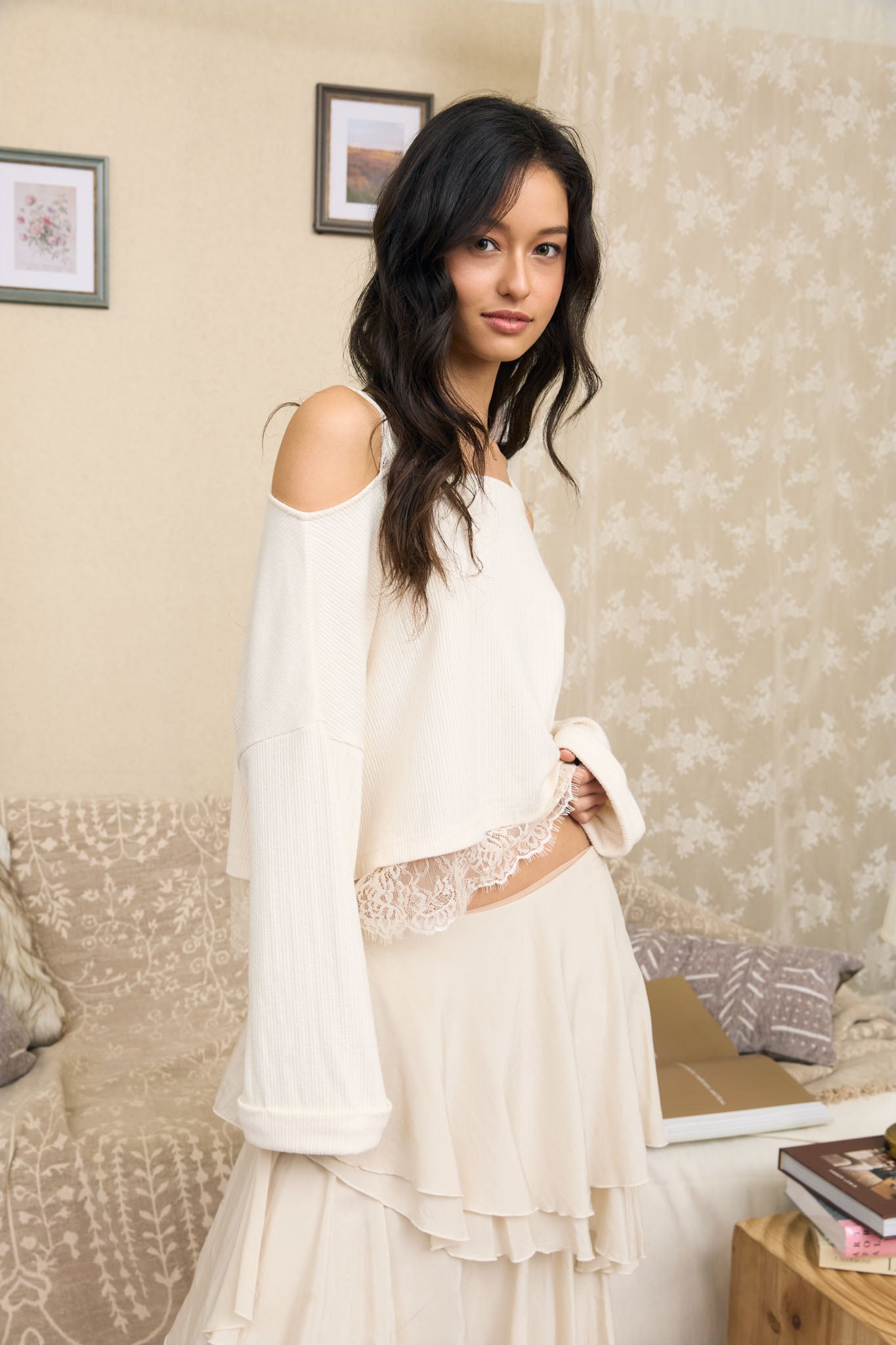 OFF-SHOULDER LAYERED LACE LONG SLEEVE KNIT TOP (PRE-ORDER)