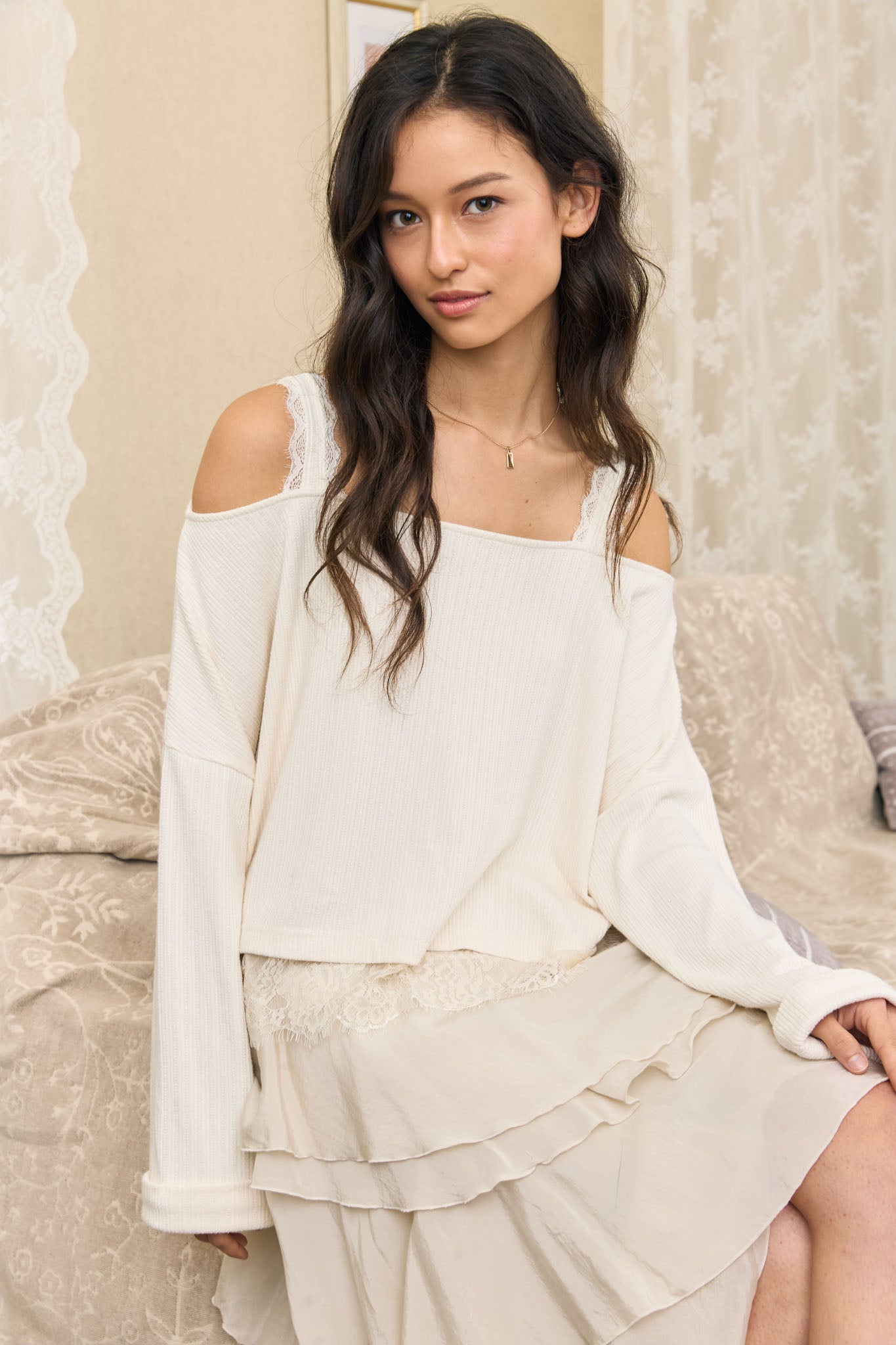 OFF-SHOULDER LAYERED LACE LONG SLEEVE KNIT TOP (PRE-ORDER)