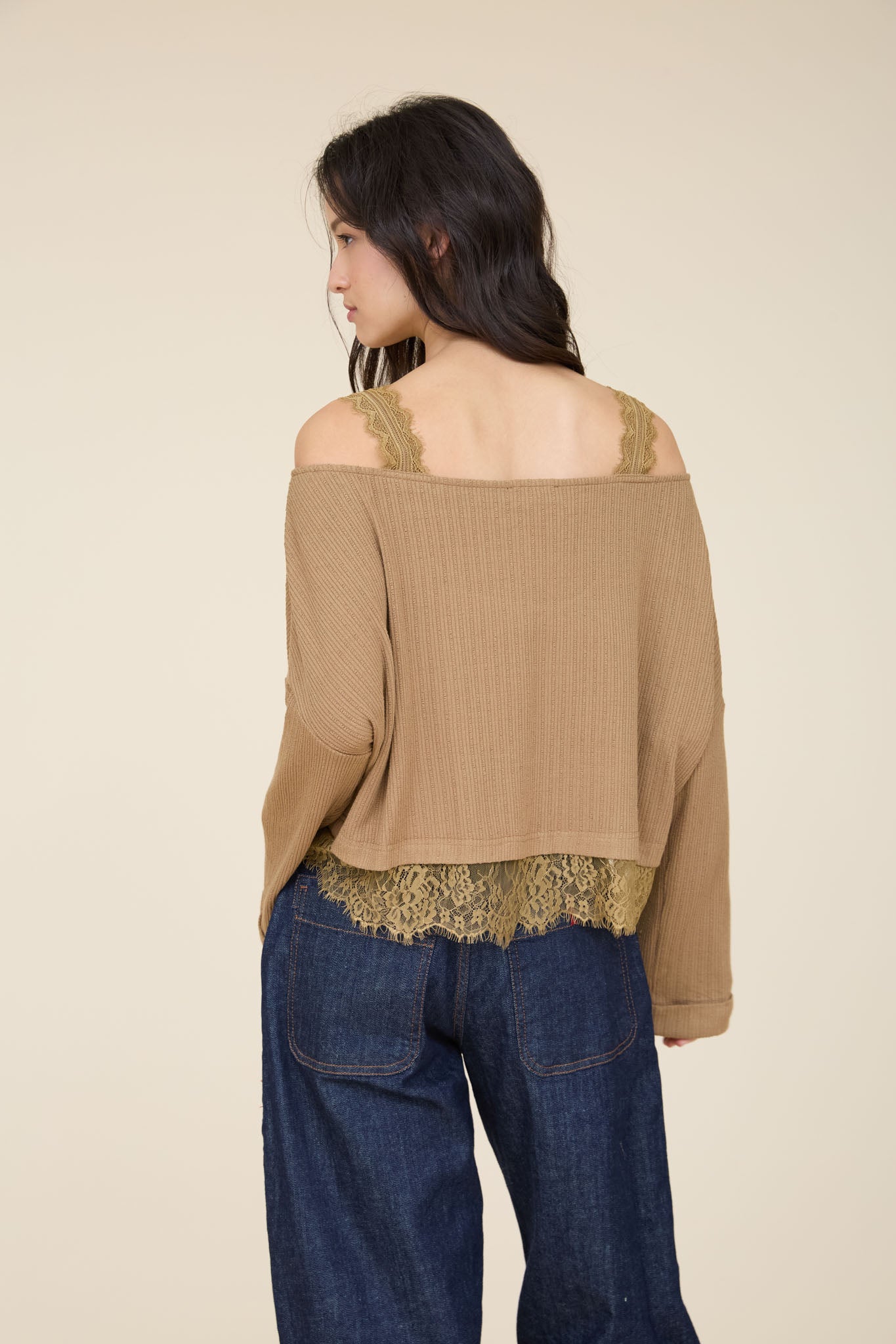 OFF-SHOULDER LAYERED LACE LONG SLEEVE KNIT TOP (PRE-ORDER)