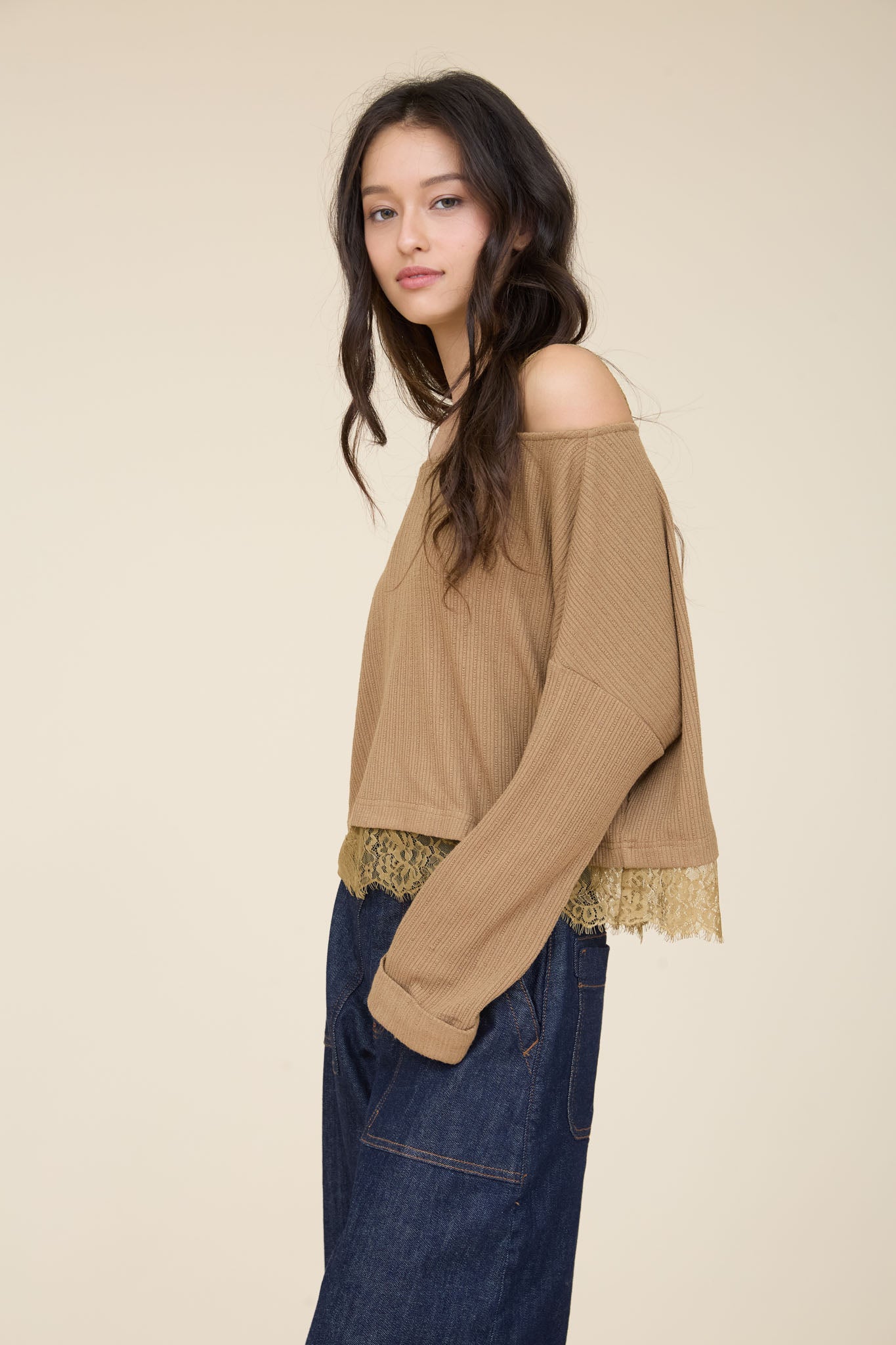OFF-SHOULDER LAYERED LACE LONG SLEEVE KNIT TOP (PRE-ORDER)