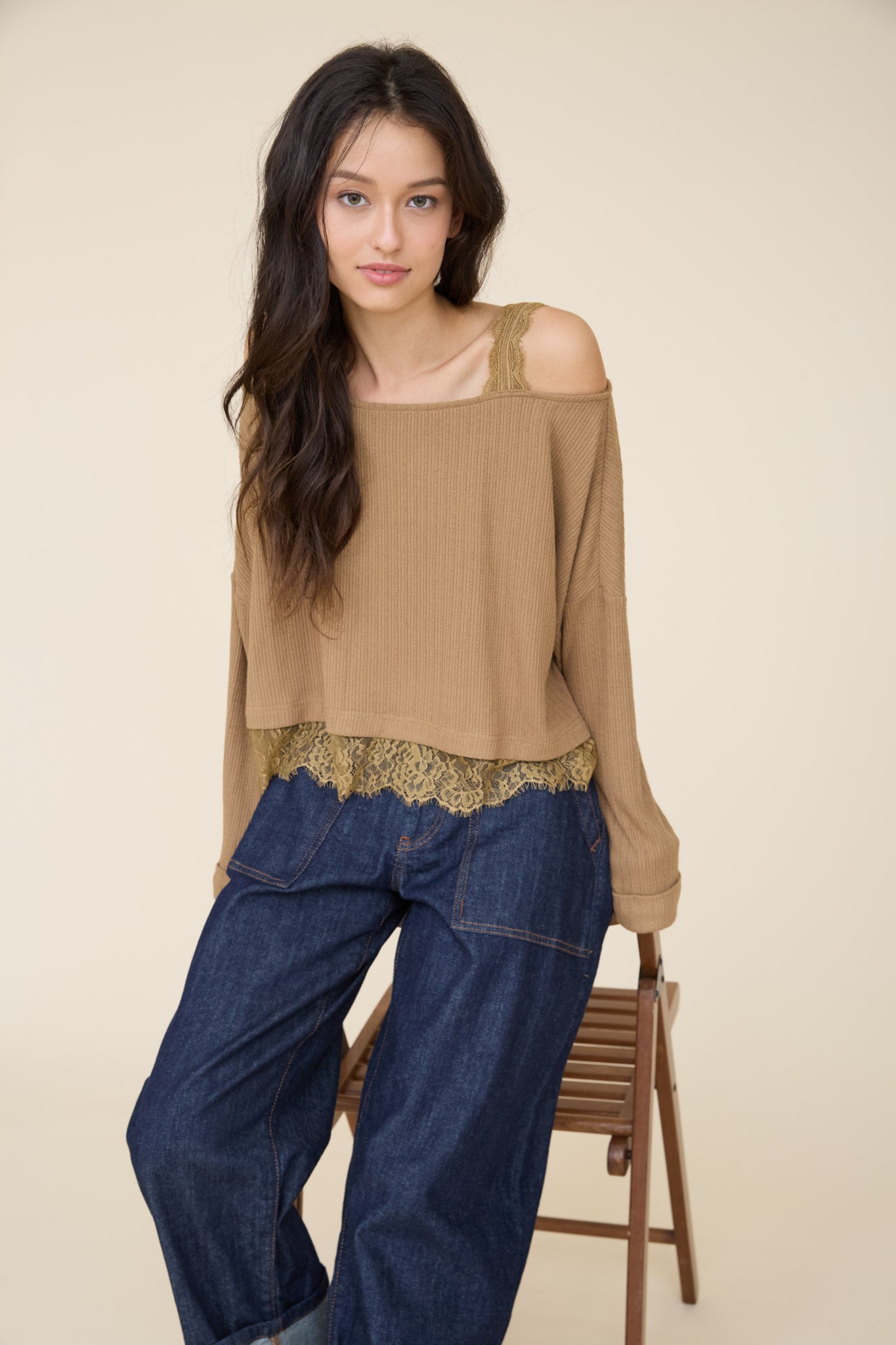 OFF-SHOULDER LAYERED LACE LONG SLEEVE KNIT TOP (PRE-ORDER)