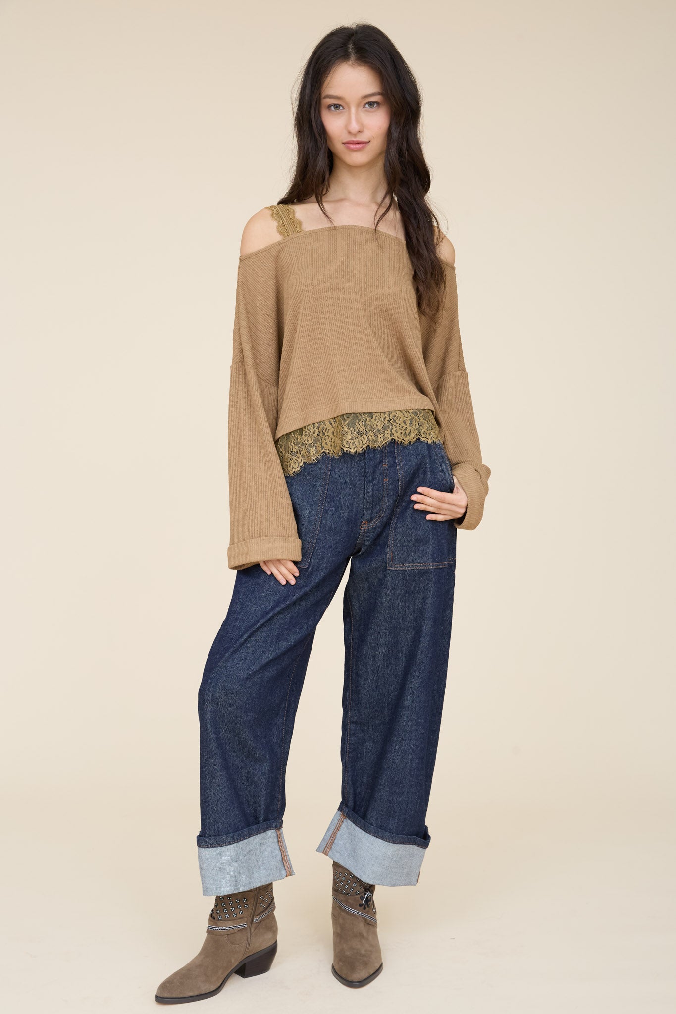 OFF-SHOULDER LAYERED LACE LONG SLEEVE KNIT TOP (PRE-ORDER)