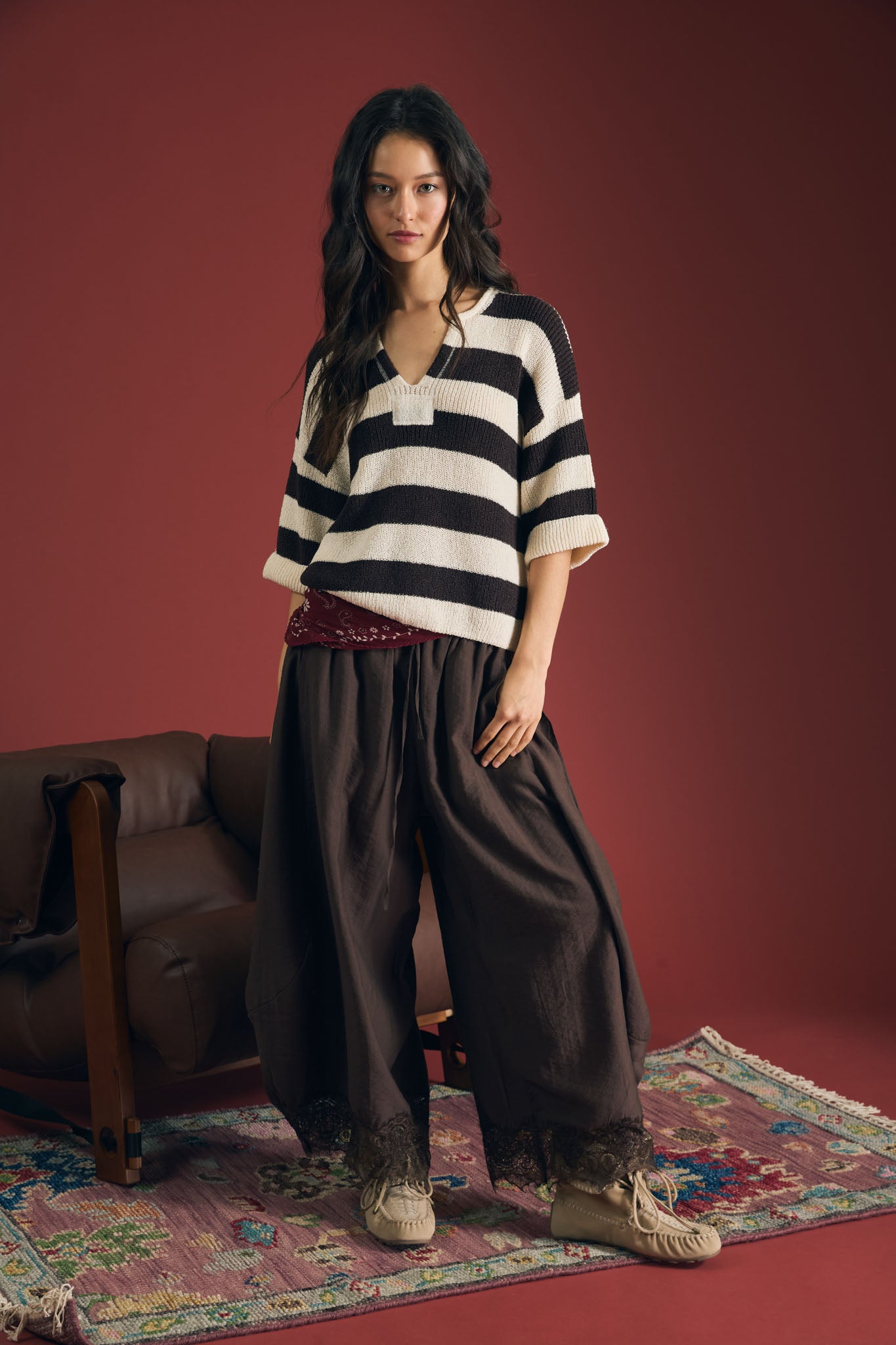 WIDE STRIPE RAW SPLIT NECK SHORT SLEEVE SWEATER (PRE-ORDER)