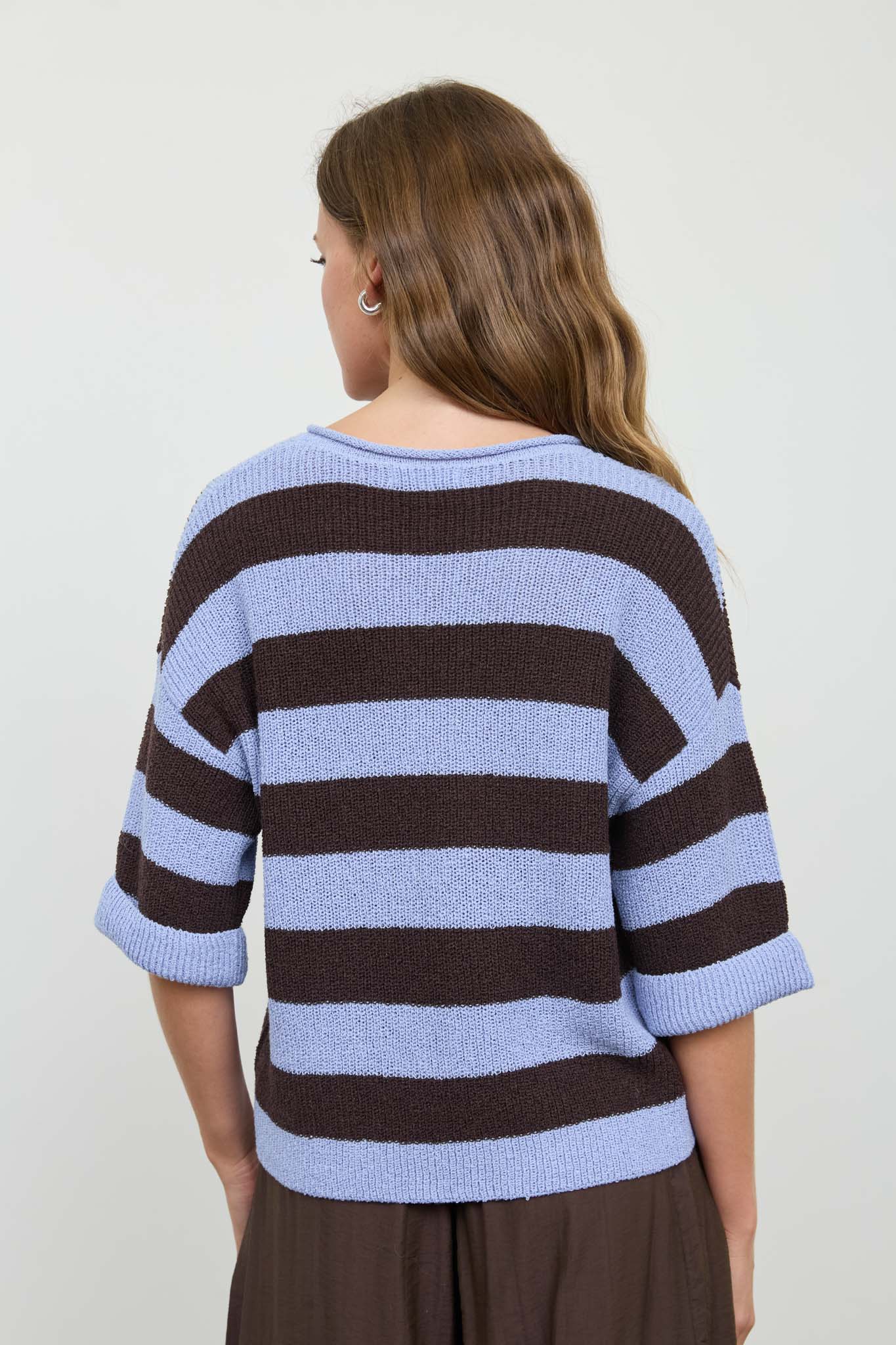WIDE STRIPE RAW SPLIT NECK SHORT SLEEVE SWEATER (PRE-ORDER)