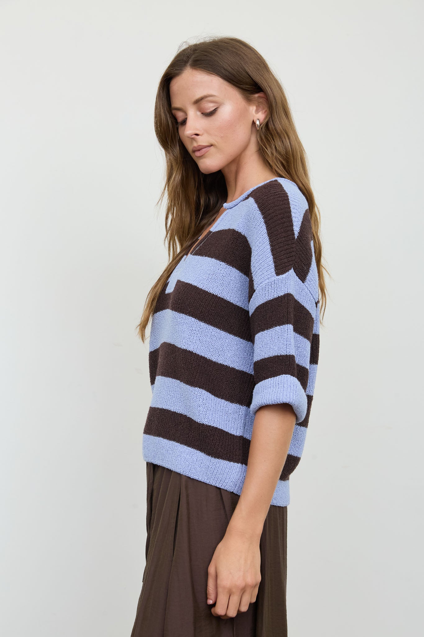 WIDE STRIPE RAW SPLIT NECK SHORT SLEEVE SWEATER (PRE-ORDER)