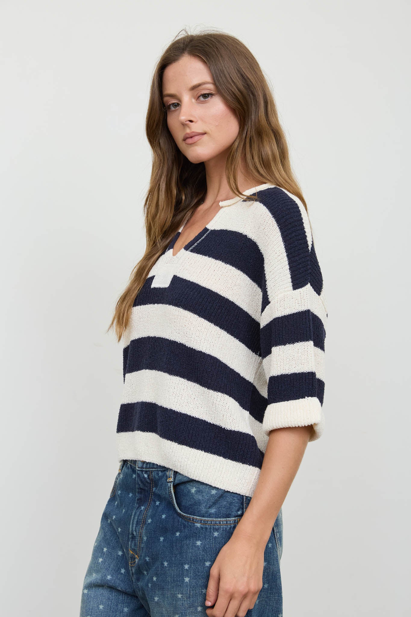 WIDE STRIPE RAW SPLIT NECK SHORT SLEEVE SWEATER (PRE-ORDER)