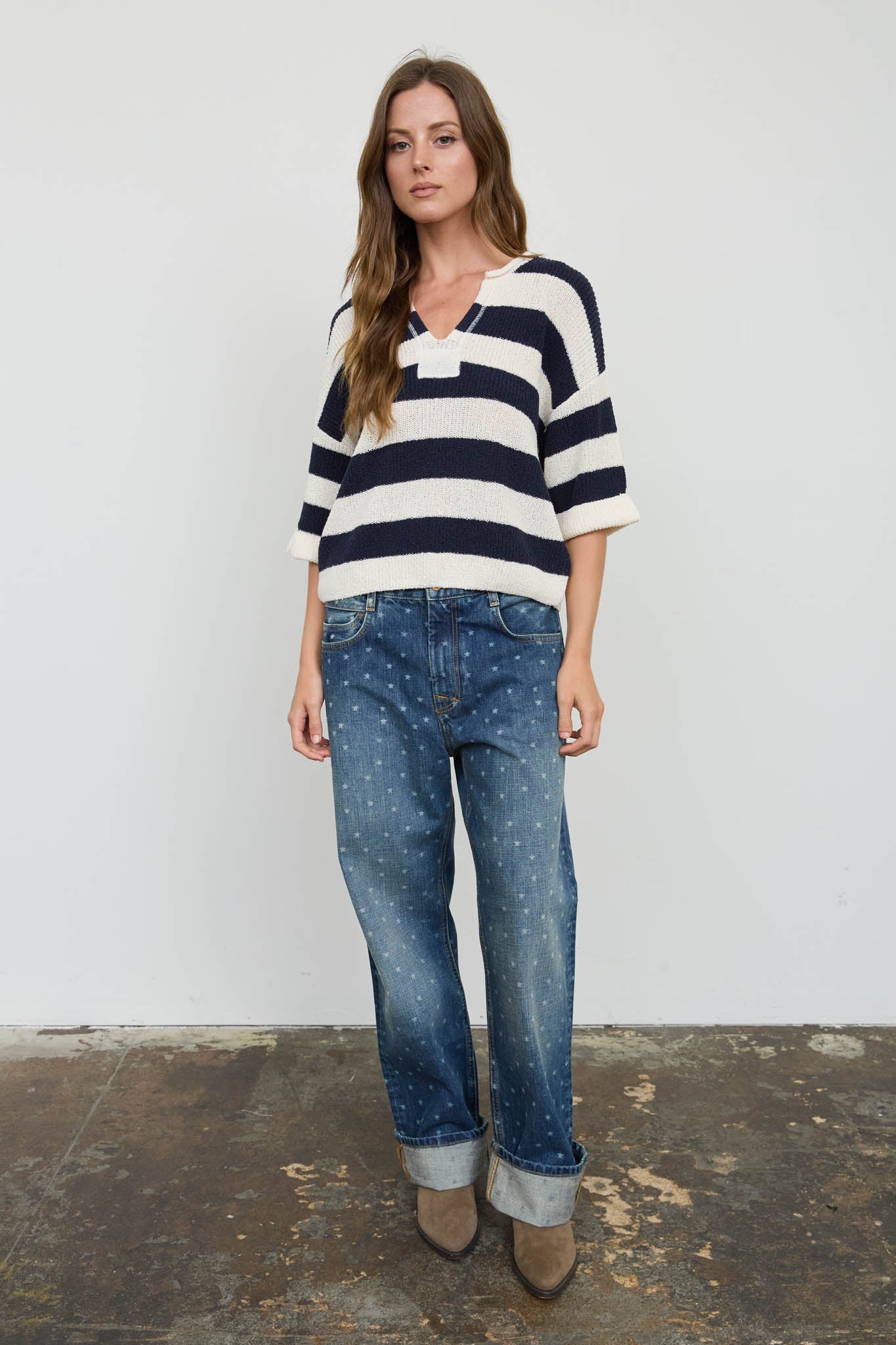 WIDE STRIPE RAW SPLIT NECK SHORT SLEEVE SWEATER (PRE-ORDER)