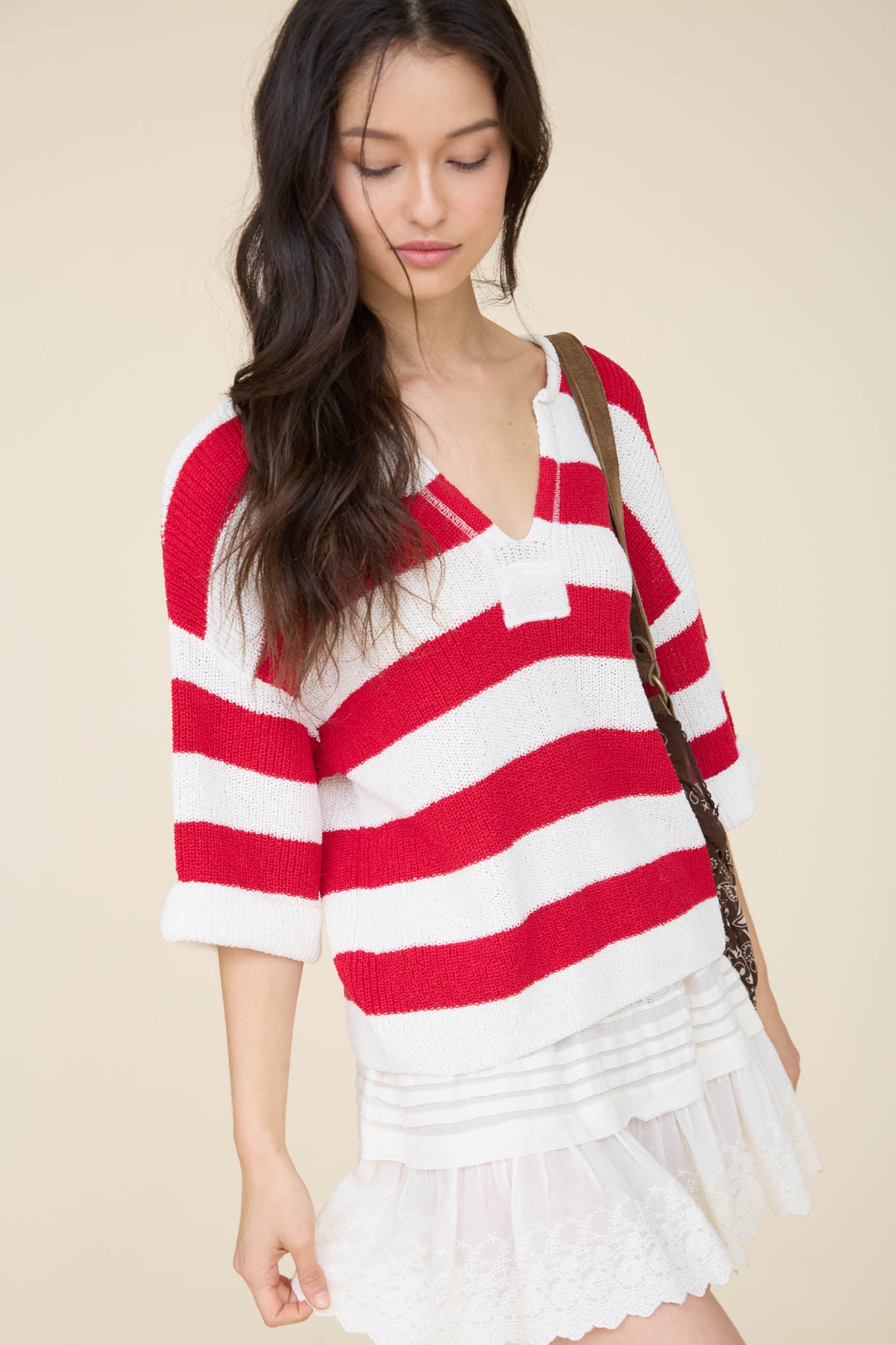 WIDE STRIPE RAW SPLIT NECK SHORT SLEEVE SWEATER (PRE-ORDER)