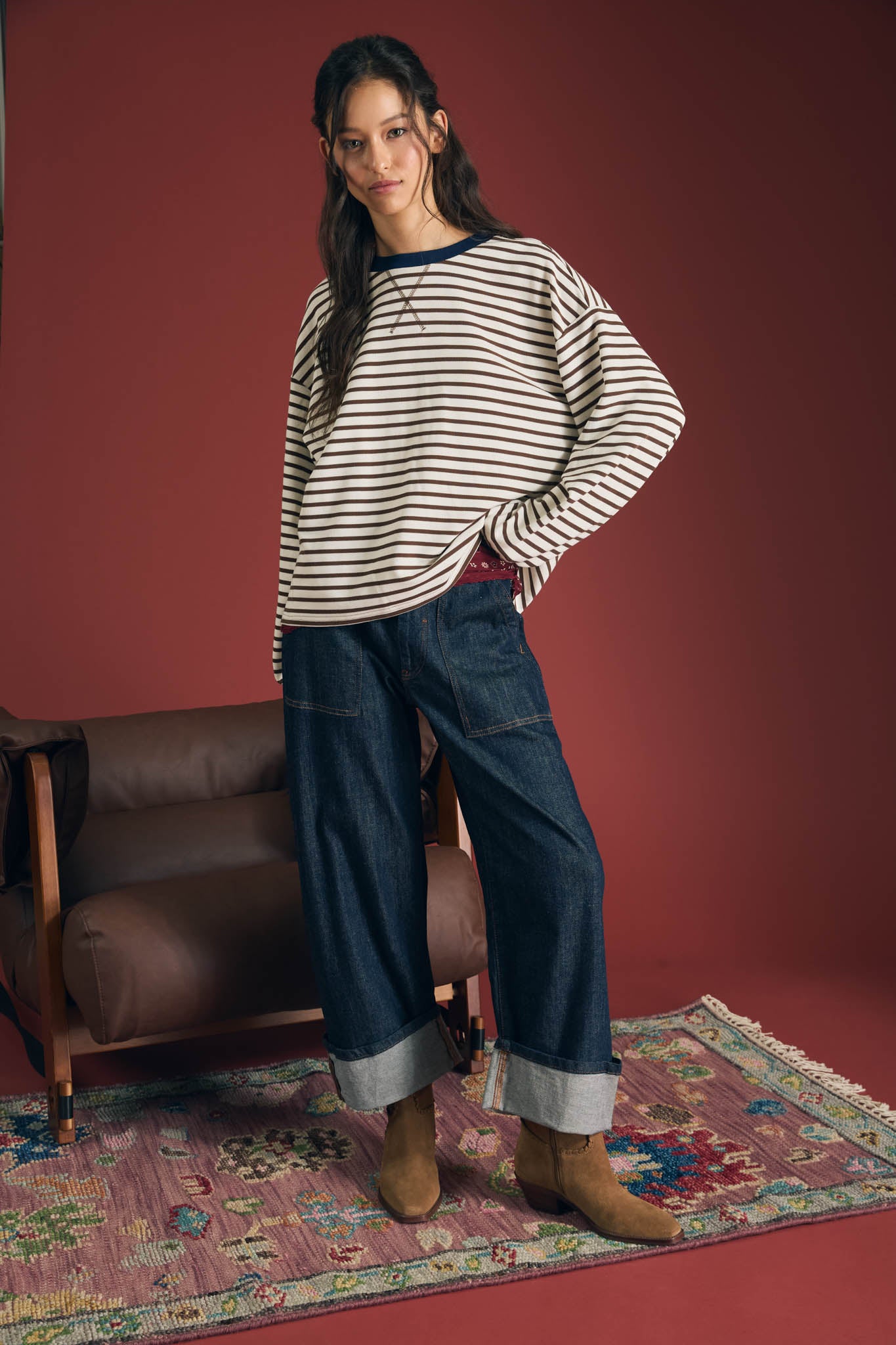 STRIPE CREW NECK V-STITCH LONG SLEEVE KNIT TOP (PRE-ORDER)