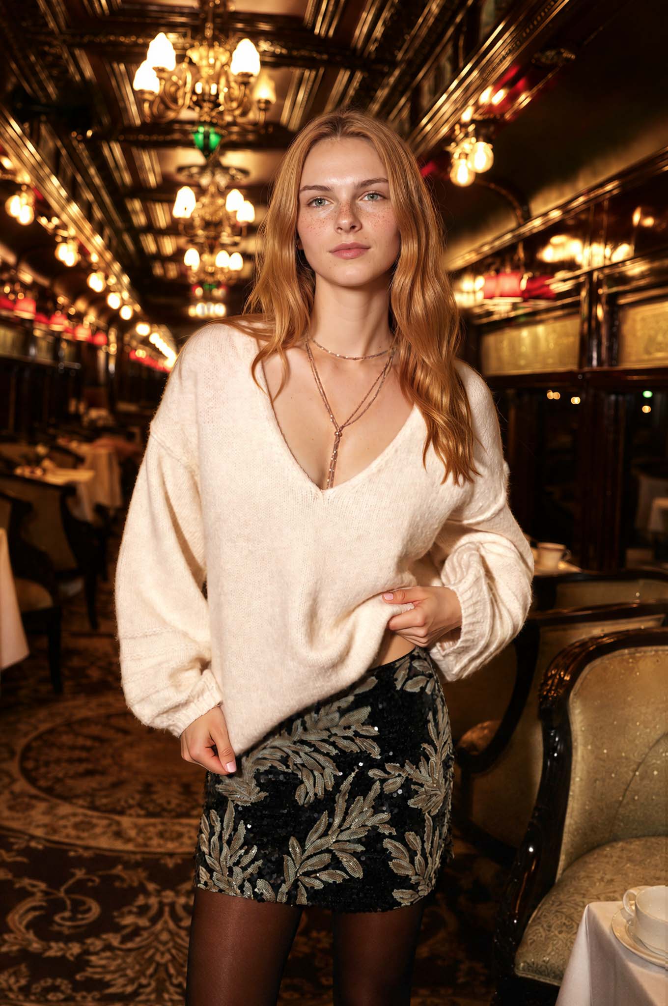 V NECK BALLOON LONG SLEEVE KNIT SWEATER