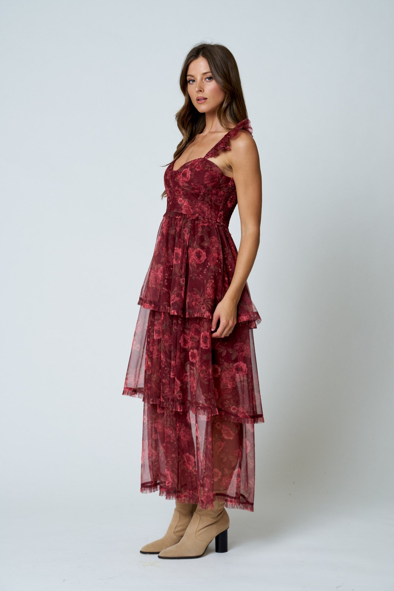 FLORAL CHIFFON RUFFLE TIERED CORSET MIDI DRESS