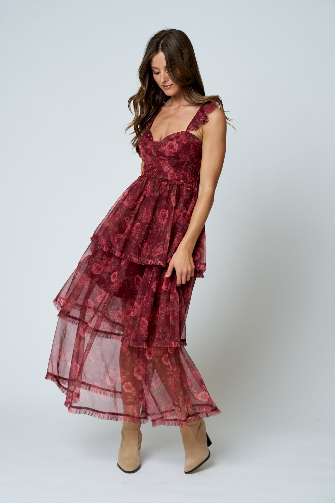 FLORAL CHIFFON RUFFLE TIERED CORSET MIDI DRESS