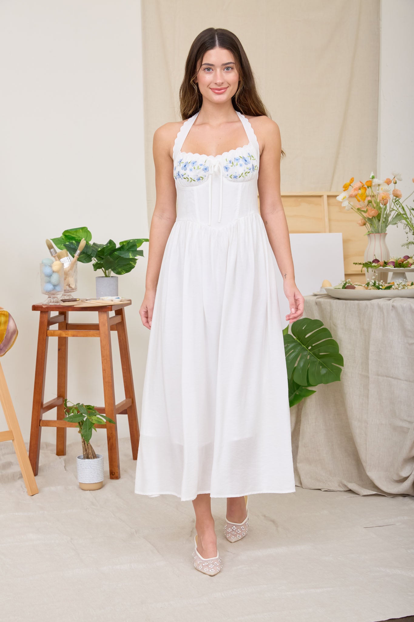 HALTER NECK CORSET DETAIL EMBROIDERED MIDI DRESS (PRE-ORDER)