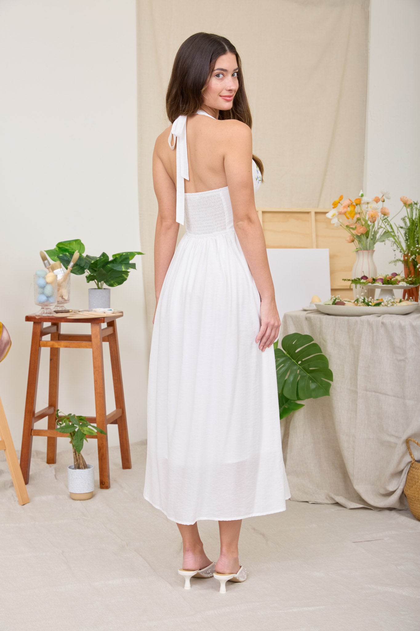 HALTER NECK CORSET DETAIL EMBROIDERED MIDI DRESS (PRE-ORDER)