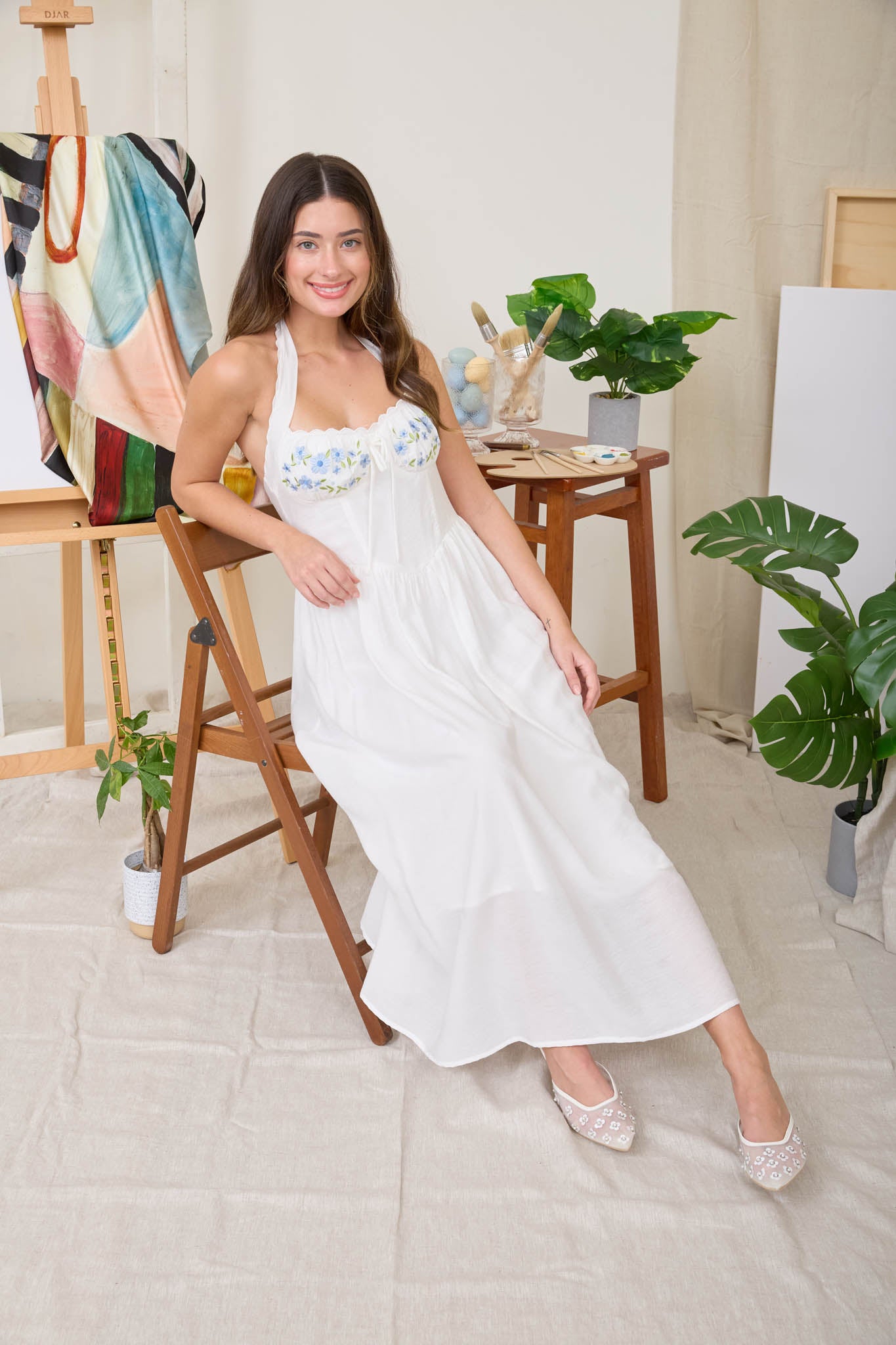 HALTER NECK CORSET DETAIL EMBROIDERED MIDI DRESS (PRE-ORDER)