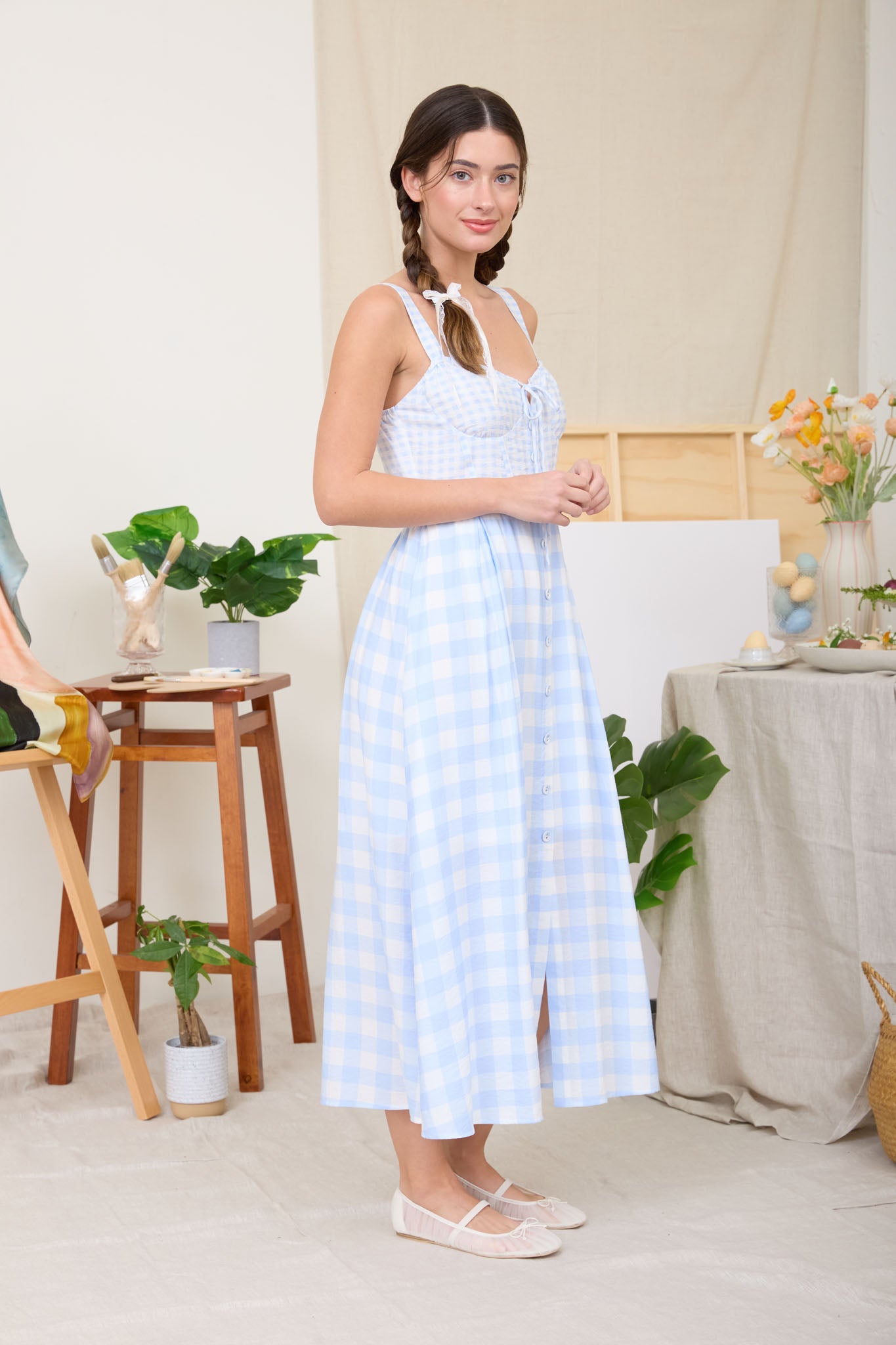 MULTI PLAID CORSET DETAIL SLEEVELESS MIDI DRESS (PRE-ORDER)