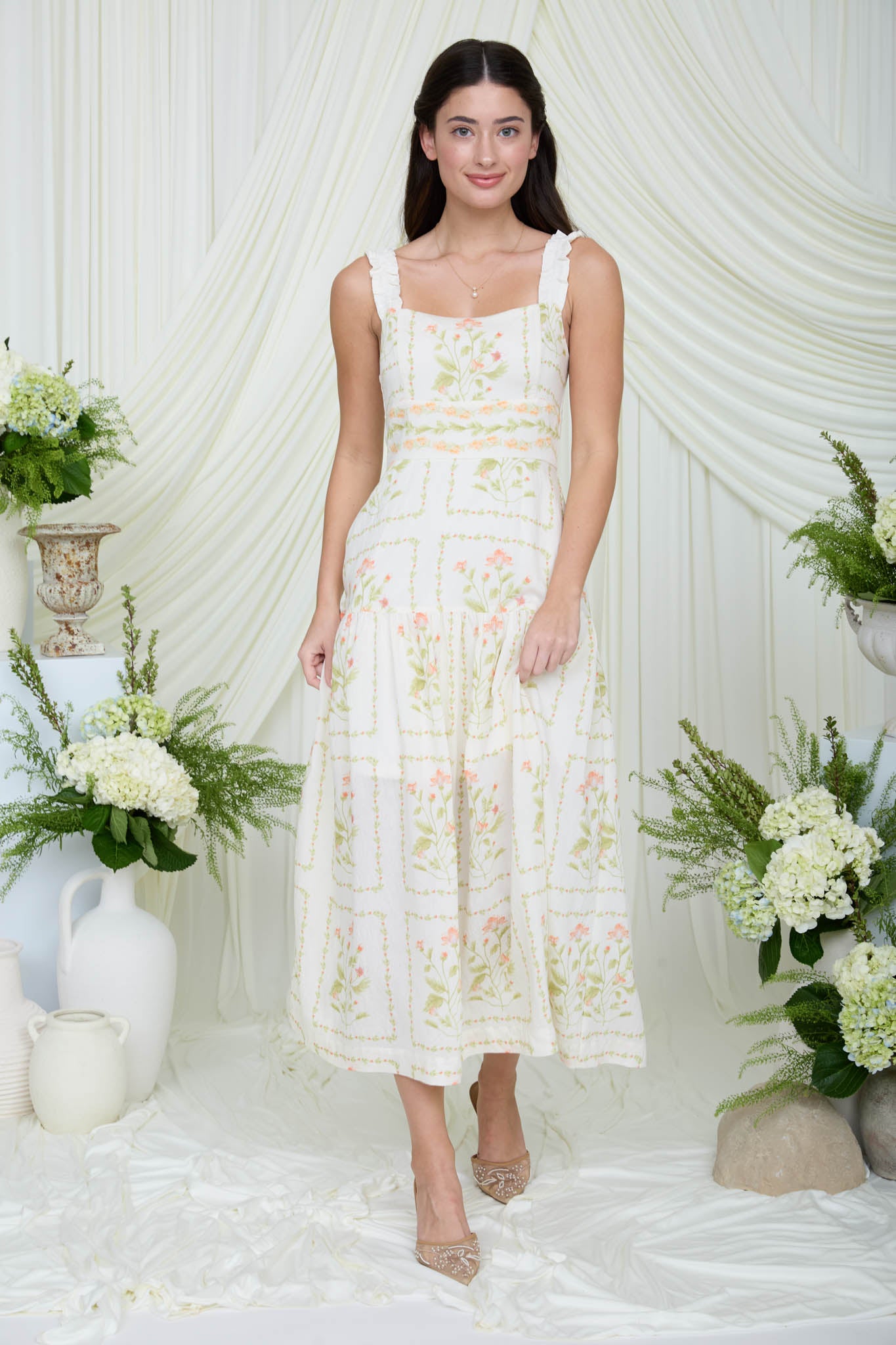 FLORAL DROP WAIST SLEEVELESS MIDI DRESS (PRE-ORDER)