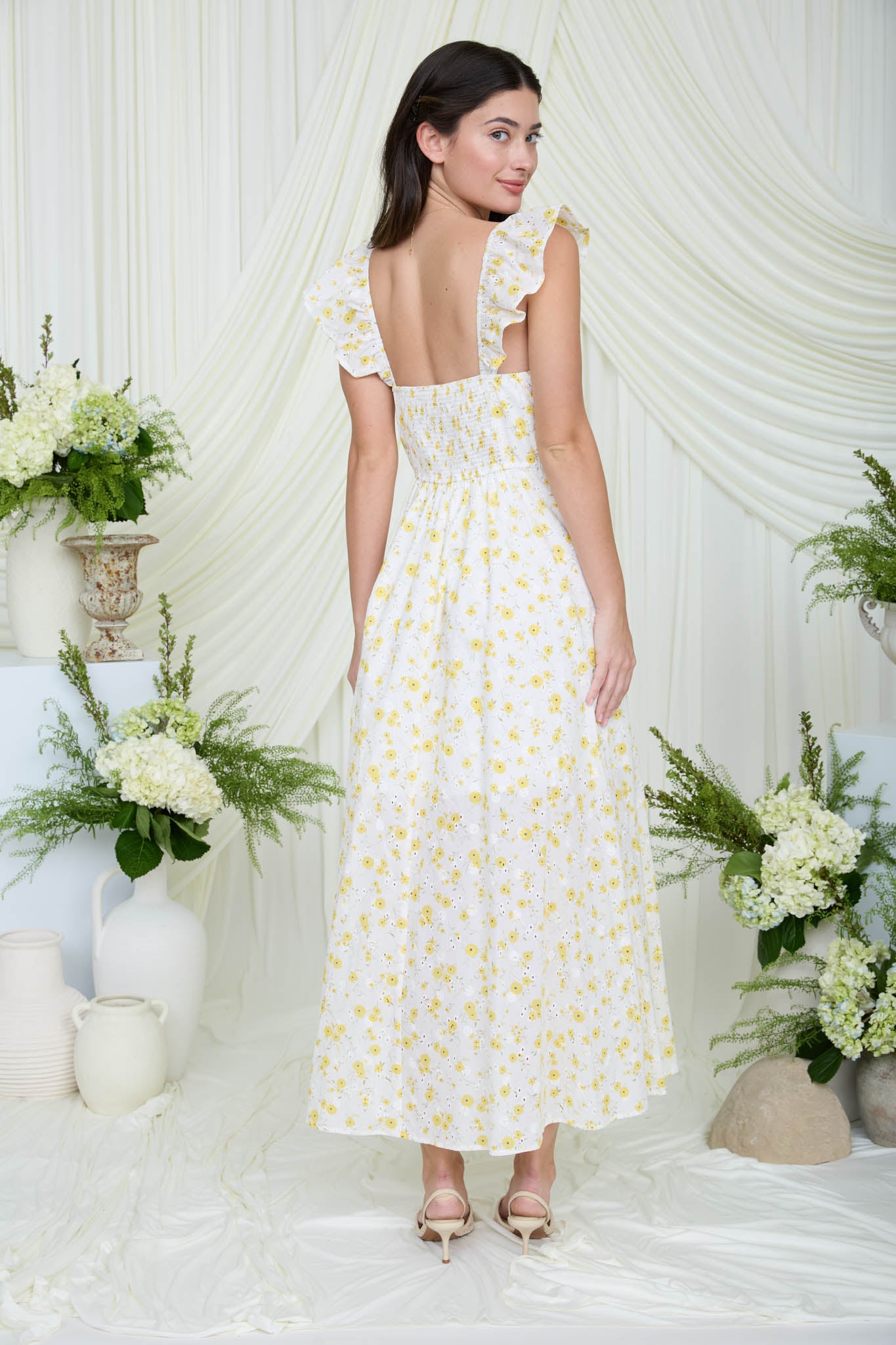 FLORAL EYELET PATTERN FRONT SLIT CORSET MIDI DRESS (PRE-ORDER)