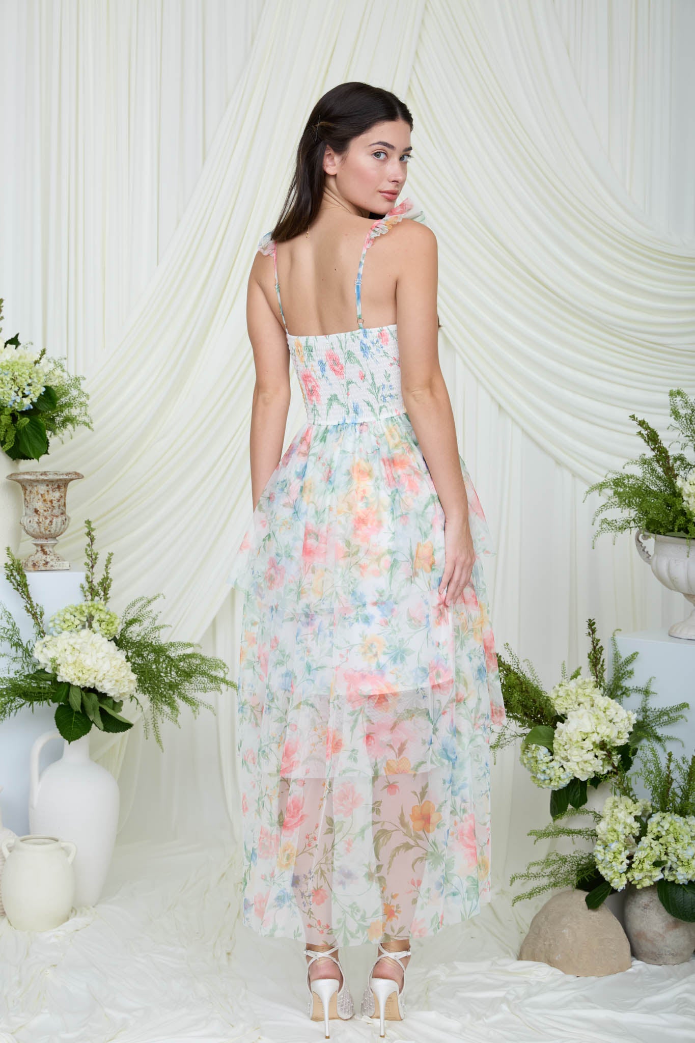 MULTICOLOR FLORAL CORSET CHIFFON TIERED MAXI DRESS (PRE-ORDER)