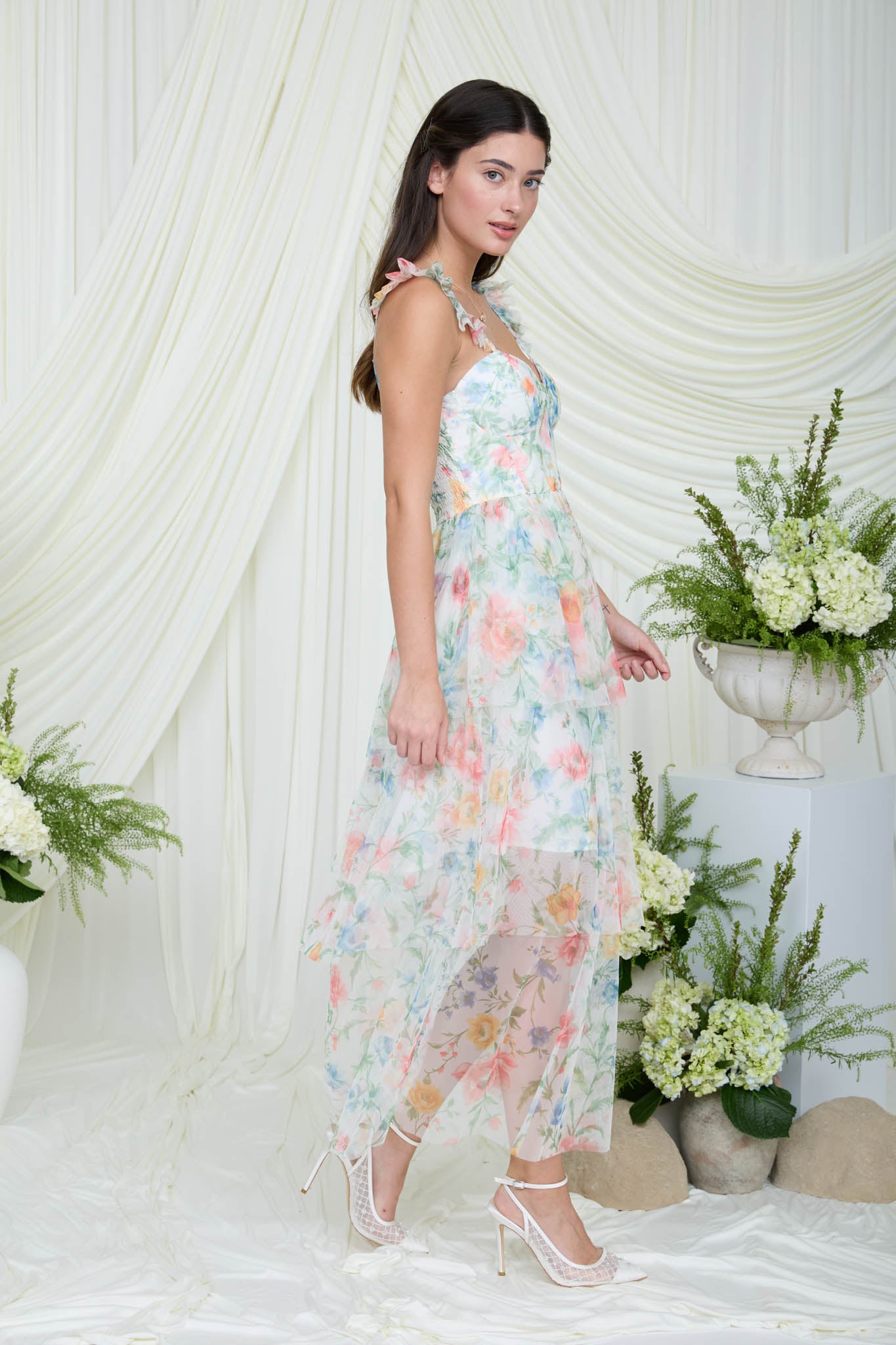 MULTICOLOR FLORAL CORSET CHIFFON TIERED MAXI DRESS (PRE-ORDER)