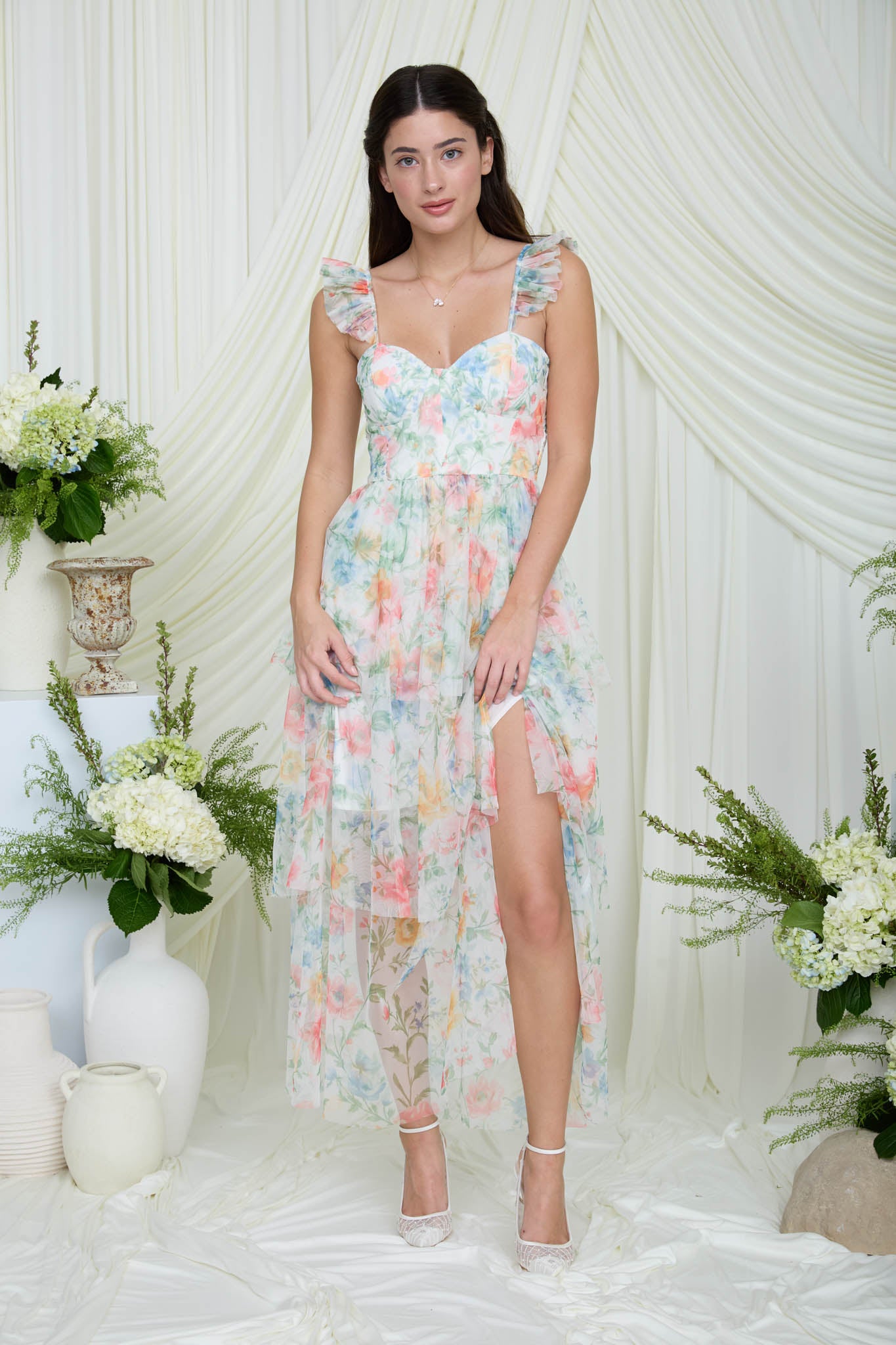 MULTICOLOR FLORAL CORSET CHIFFON TIERED MAXI DRESS (PRE-ORDER)