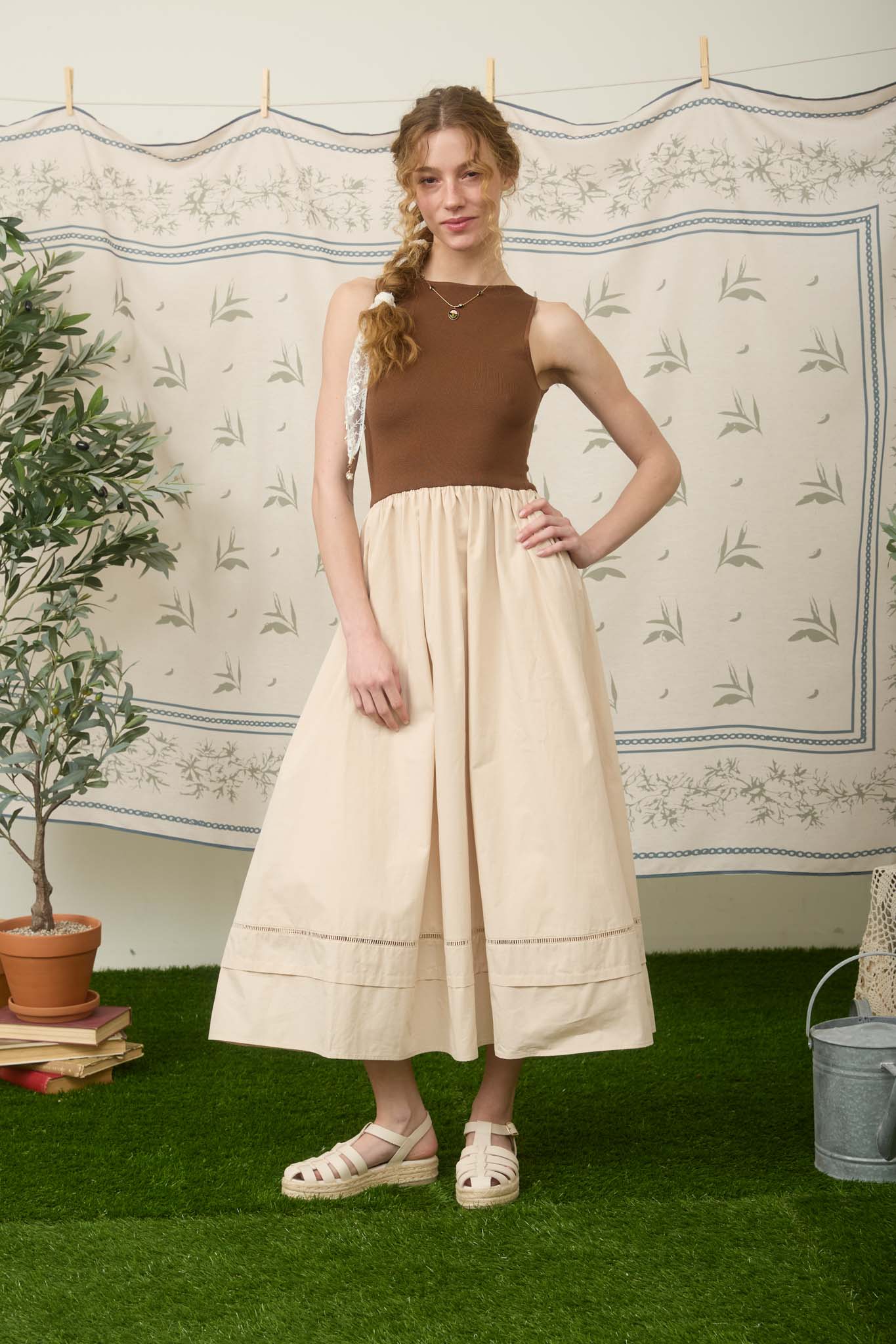 BOAT NECK LINE LACE TRIM MIXED MEDIA MIDI DRESS