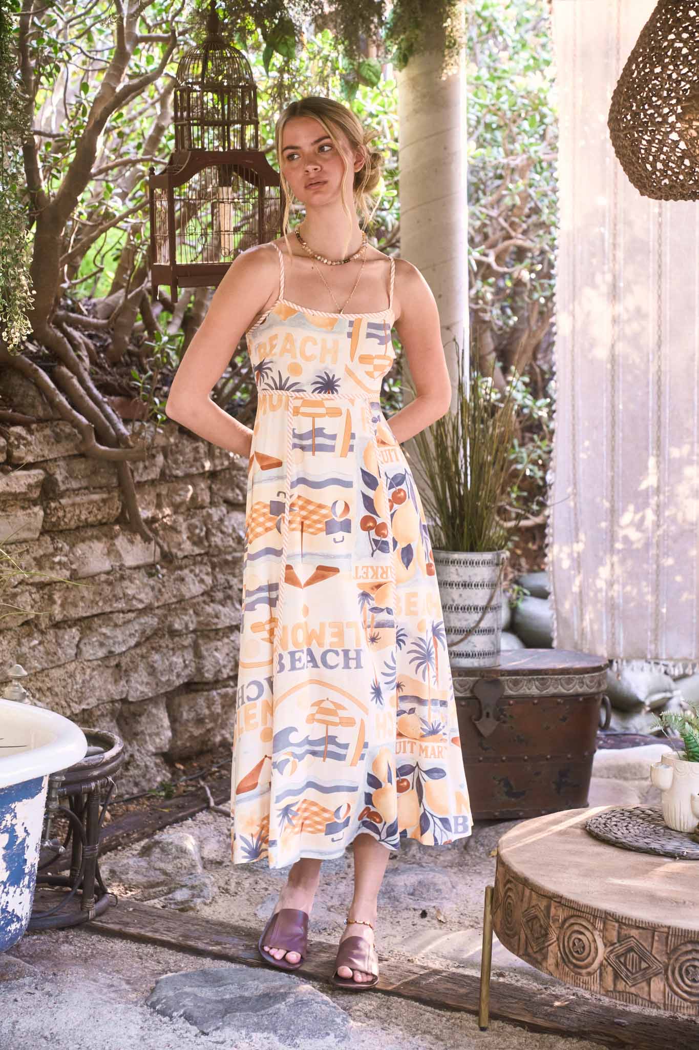 BEACH GRAPHIC SPAGHETTI STRAP MIDI DRESS (PRE-ORDER)