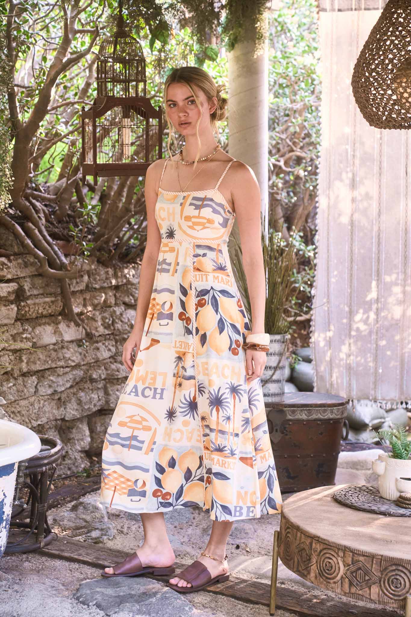 BEACH GRAPHIC SPAGHETTI STRAP MIDI DRESS (PRE-ORDER)