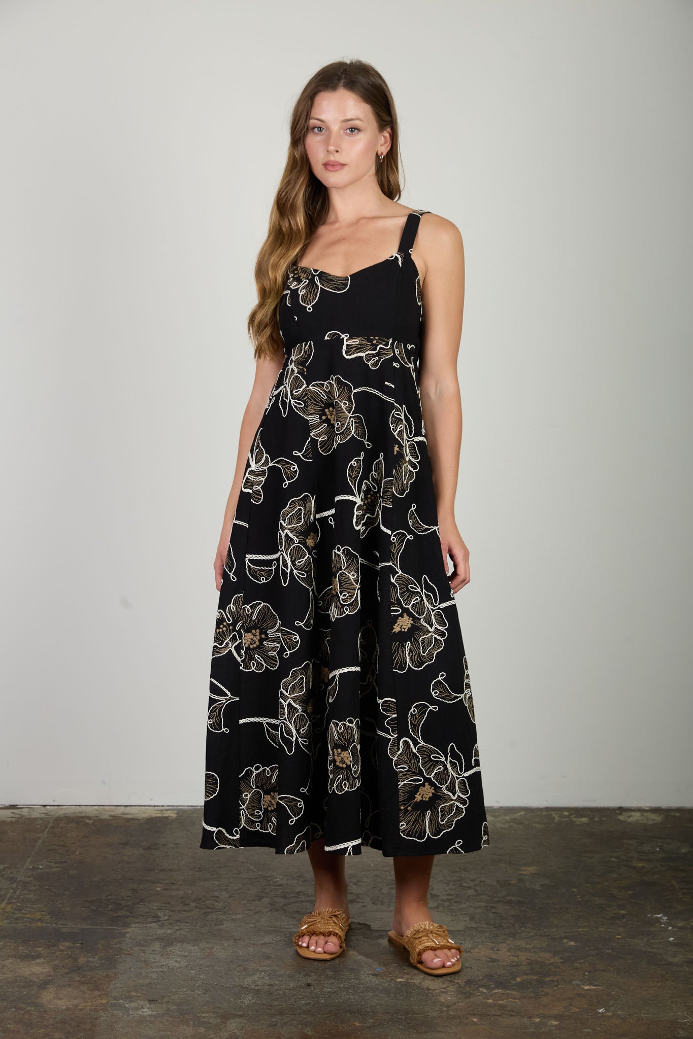 FLORAL EMBROIDERED SPAGHETTI STRAP MIDI DRESS (PRE-ORDER)