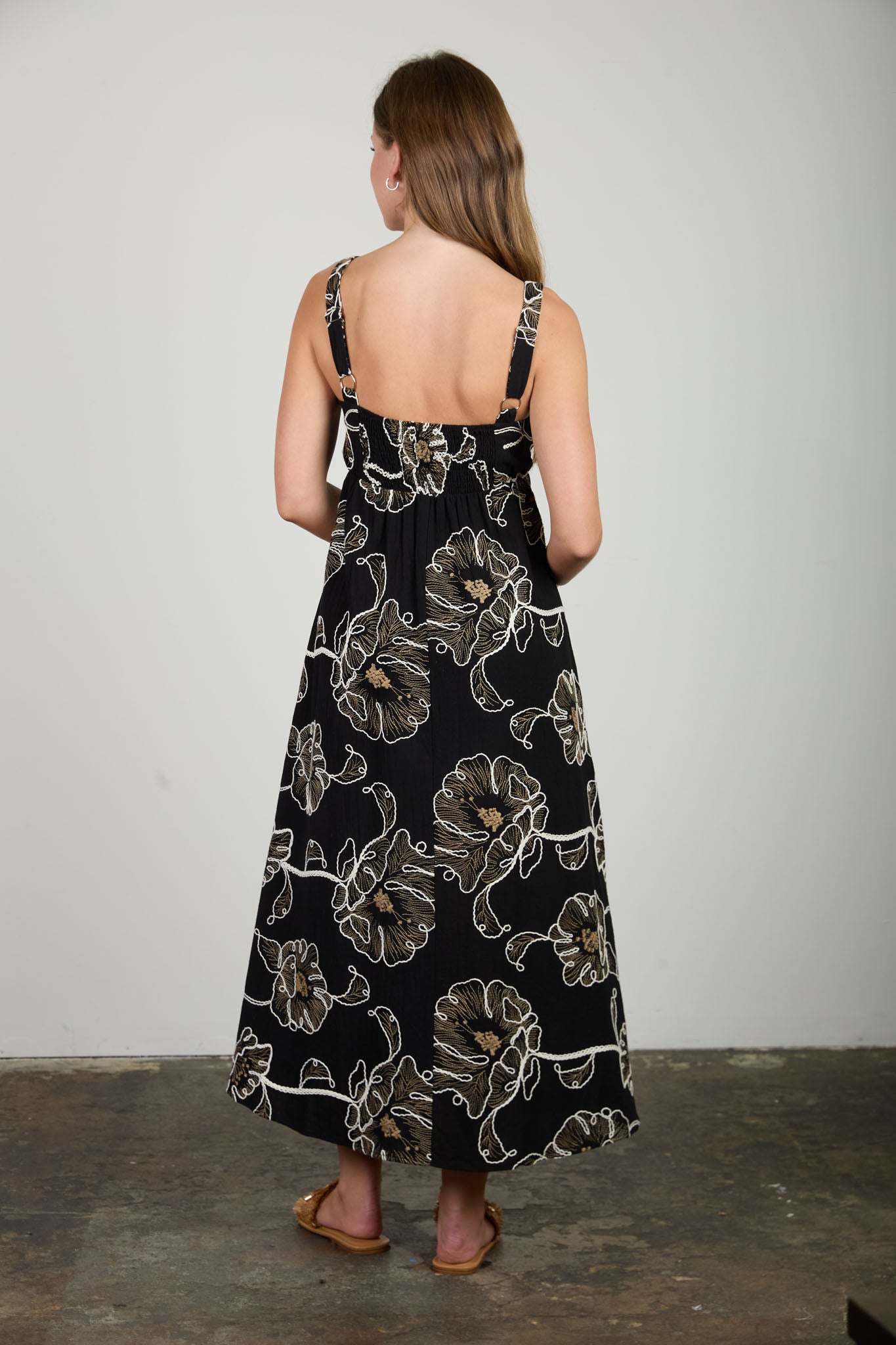 FLORAL EMBROIDERED SPAGHETTI STRAP MIDI DRESS (PRE-ORDER)