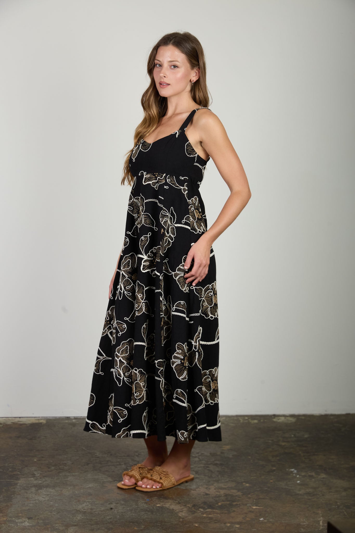 FLORAL EMBROIDERED SPAGHETTI STRAP MIDI DRESS (PRE-ORDER)