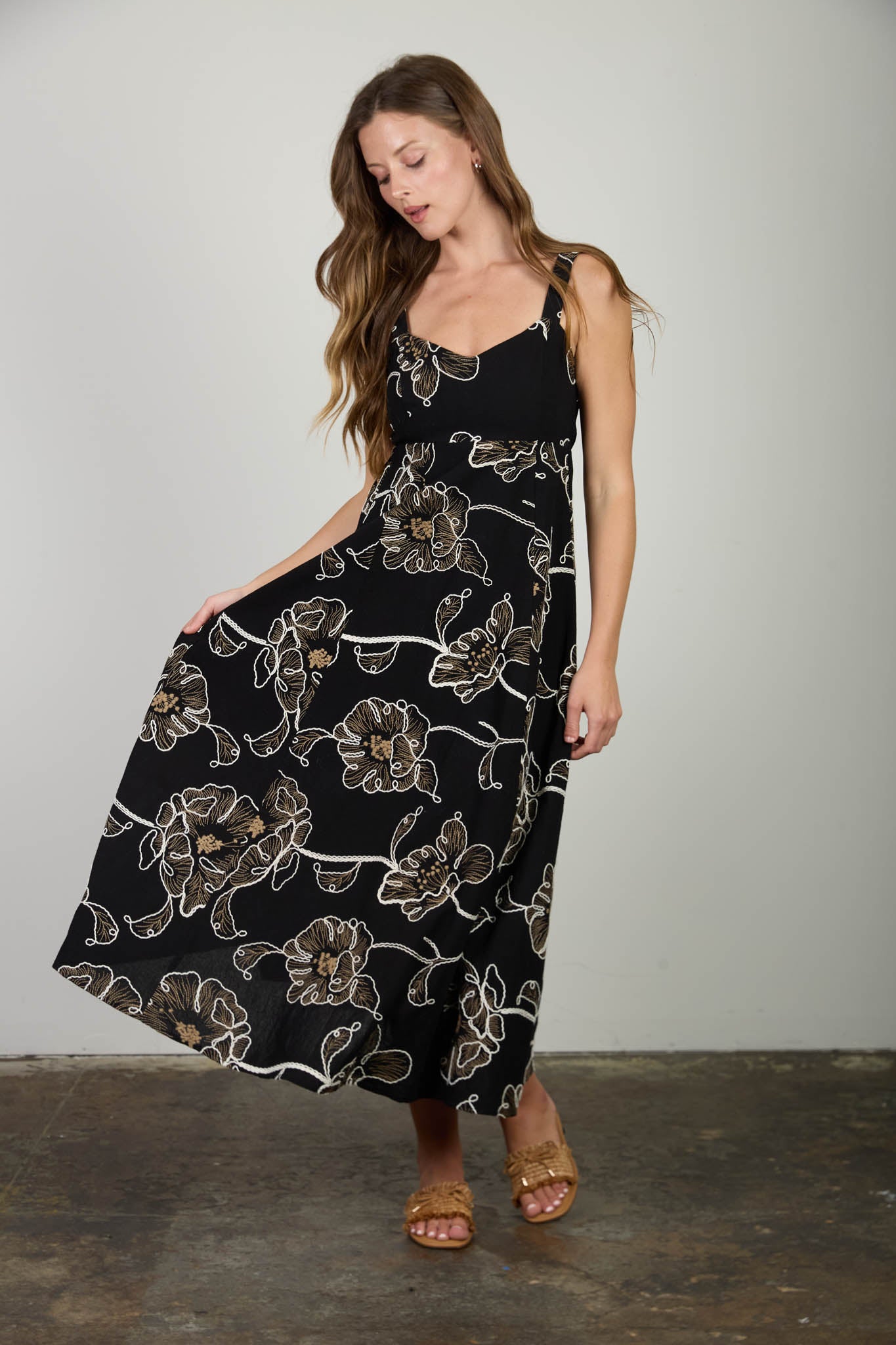 FLORAL EMBROIDERED SPAGHETTI STRAP MIDI DRESS (PRE-ORDER)