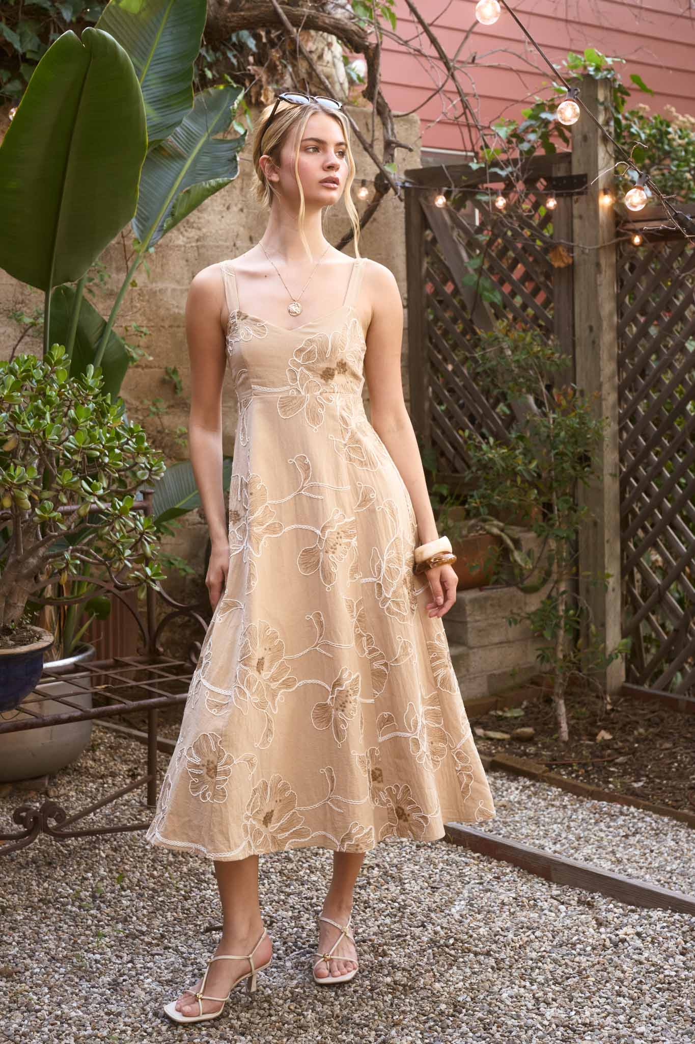 FLORAL EMBROIDERED SPAGHETTI STRAP MIDI DRESS (PRE-ORDER)