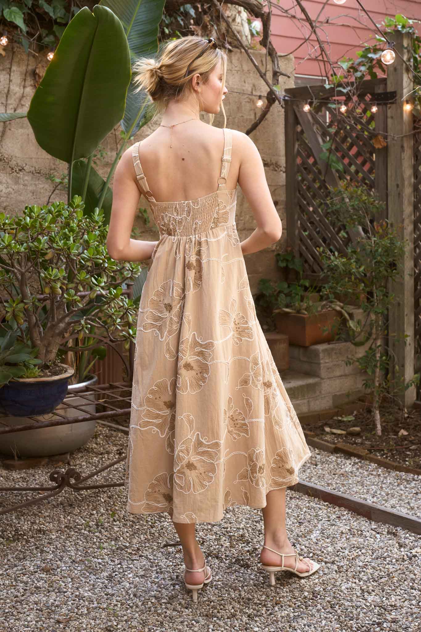 FLORAL EMBROIDERED SPAGHETTI STRAP MIDI DRESS (PRE-ORDER)
