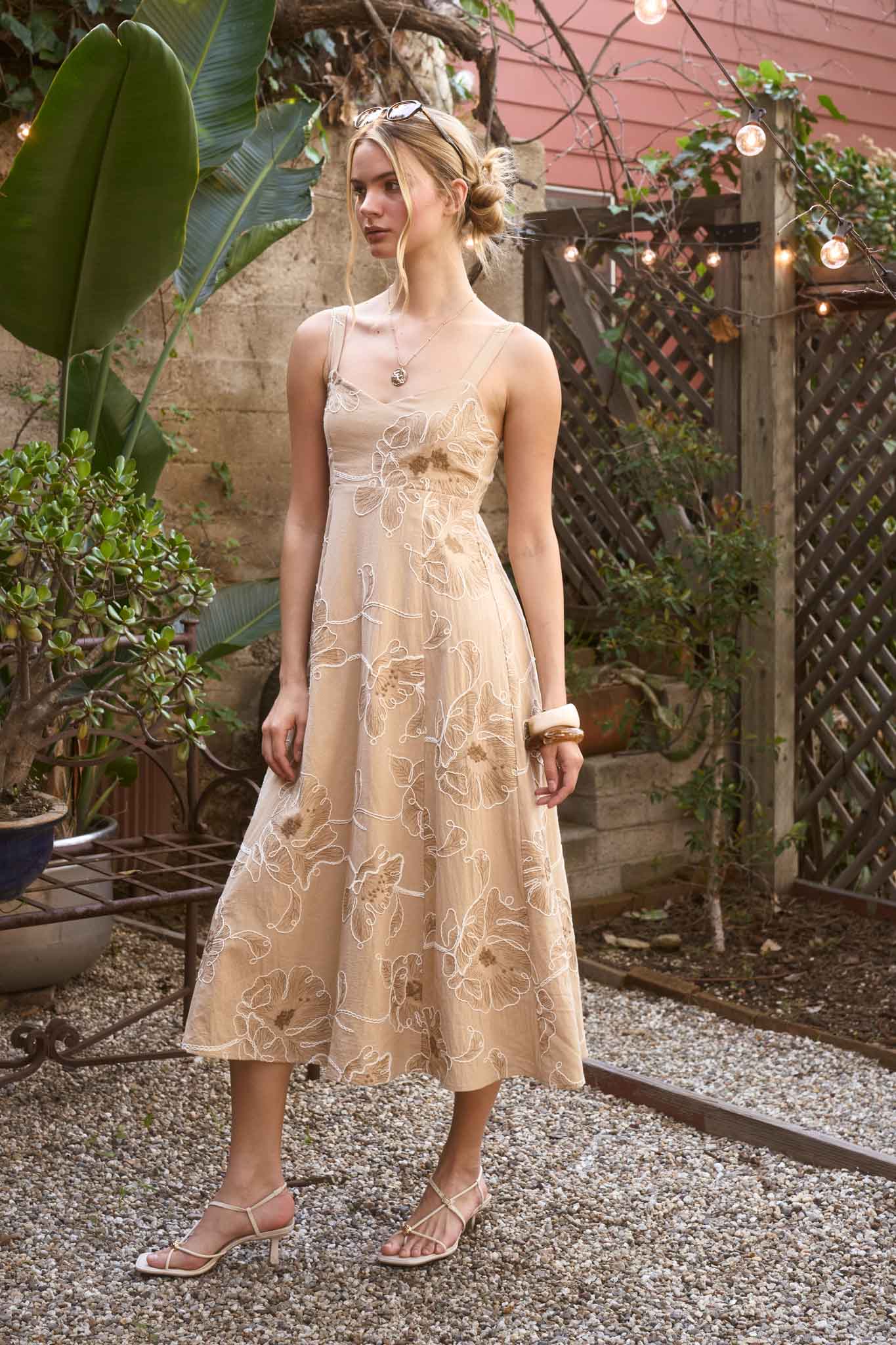 FLORAL EMBROIDERED SPAGHETTI STRAP MIDI DRESS (PRE-ORDER)