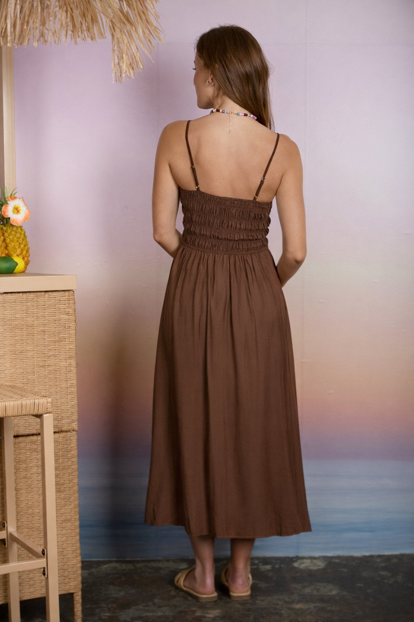 SHIRRED BODICE SPAGHETTI STRAP MIDI DRESS (PRE-ORDER)