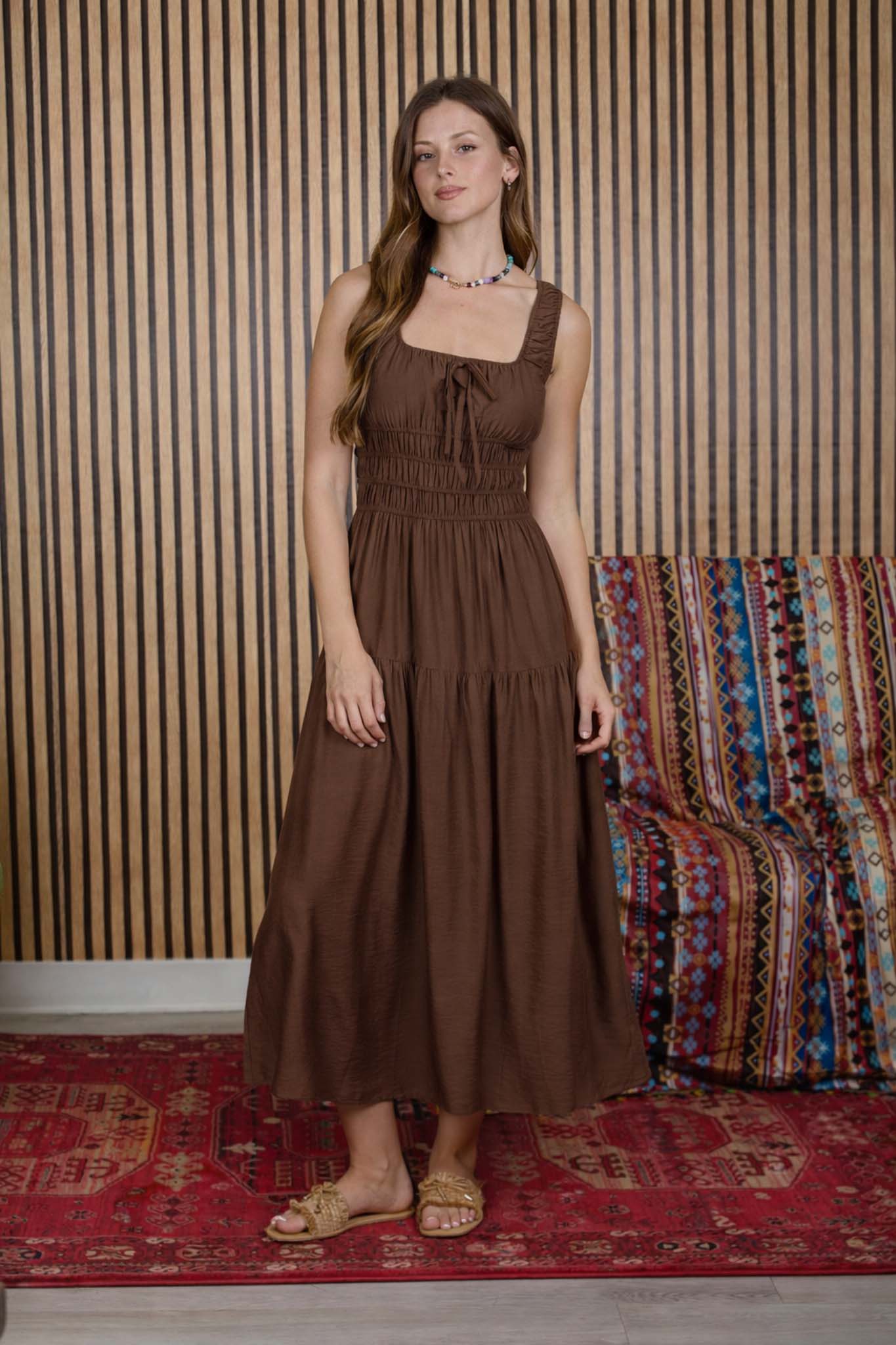 SATIN FRONT TIE SHIRRED WAIST MIDI DRESS