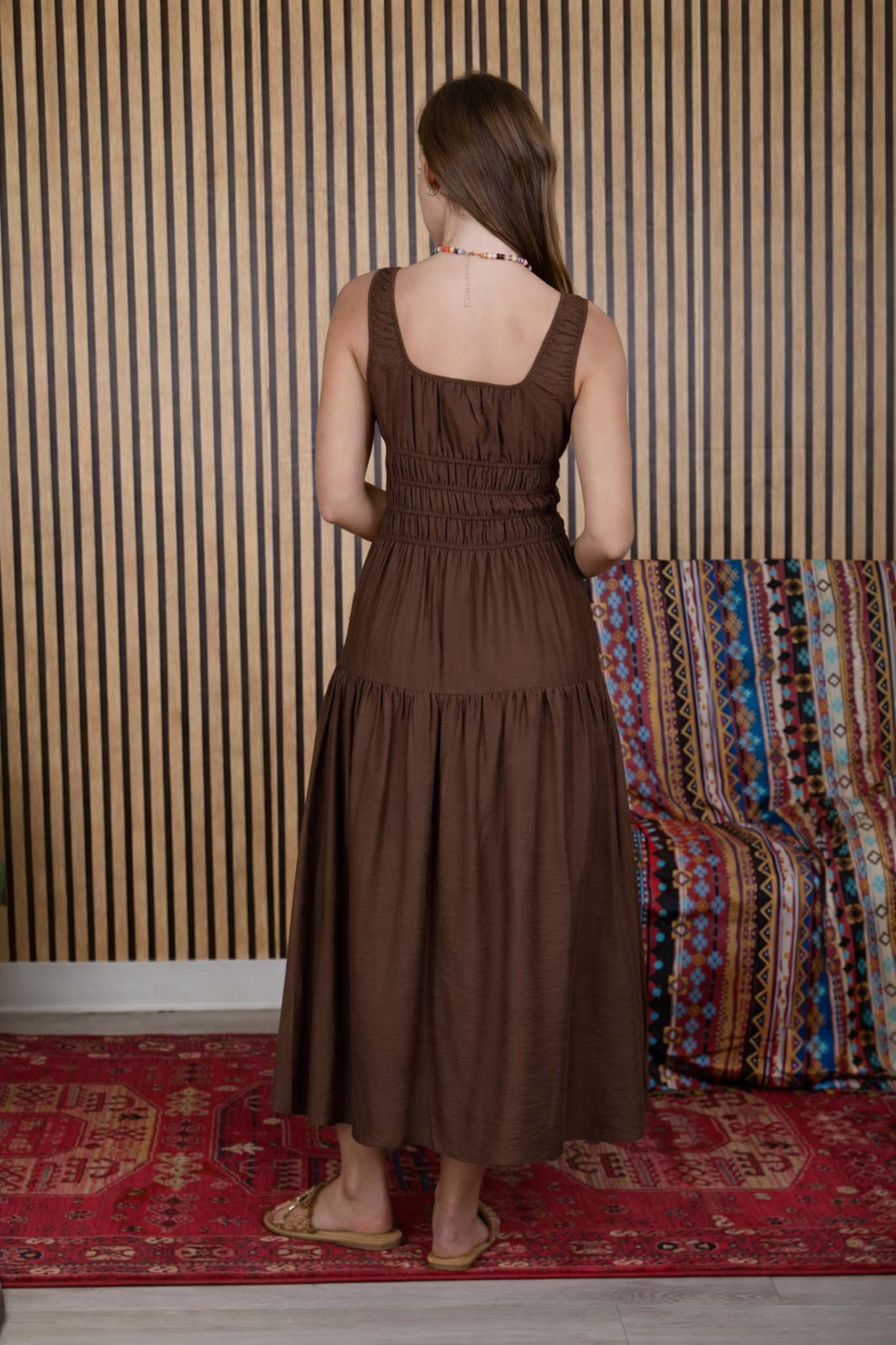 SATIN FRONT TIE SHIRRED WAIST MIDI DRESS
