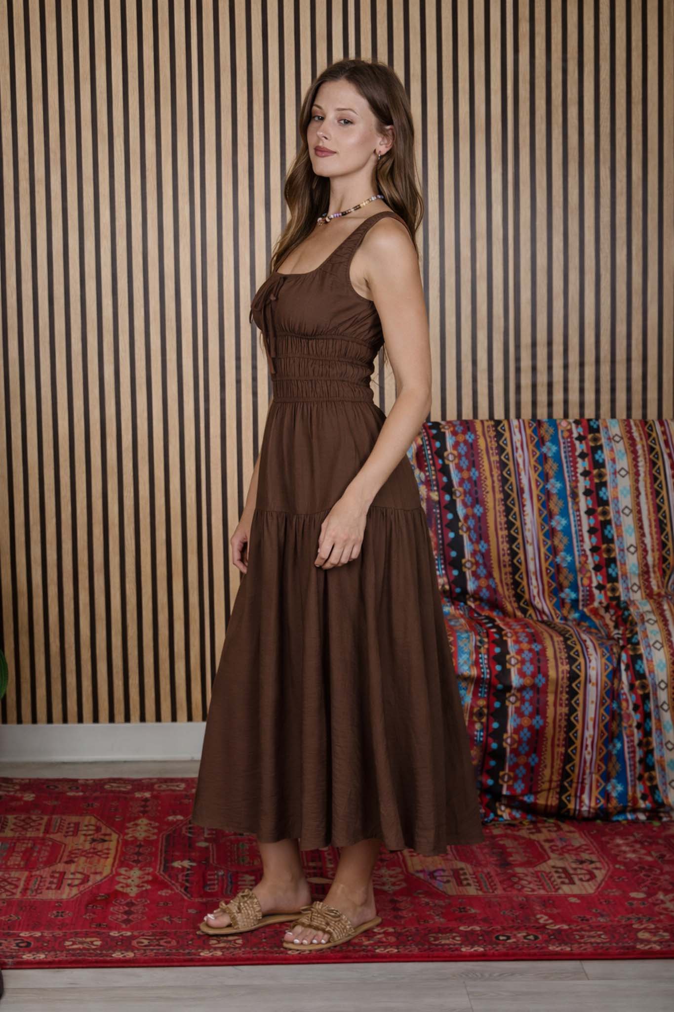 SATIN FRONT TIE SHIRRED WAIST MIDI DRESS