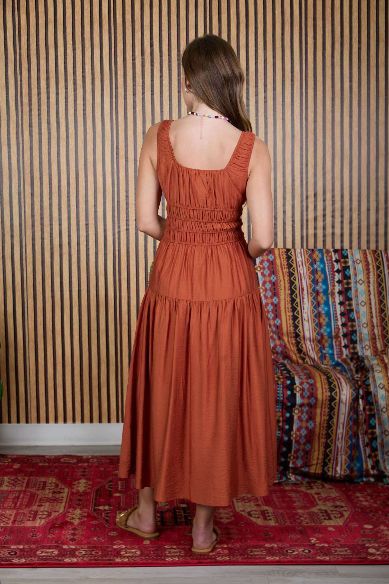 SATIN FRONT TIE SHIRRED WAIST MIDI DRESS