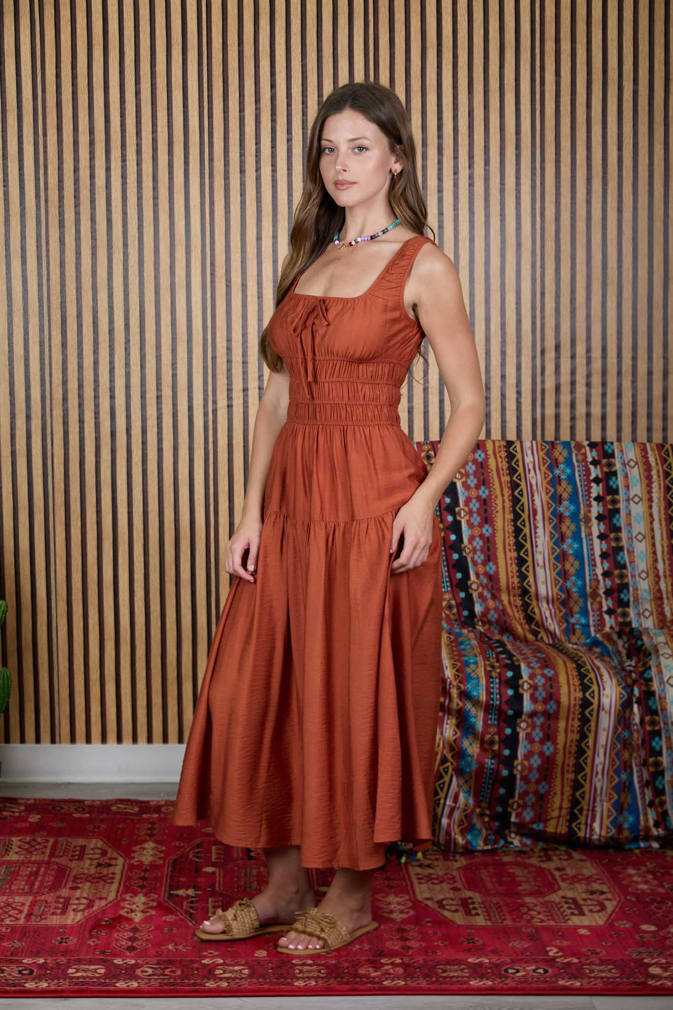 SATIN FRONT TIE SHIRRED WAIST MIDI DRESS